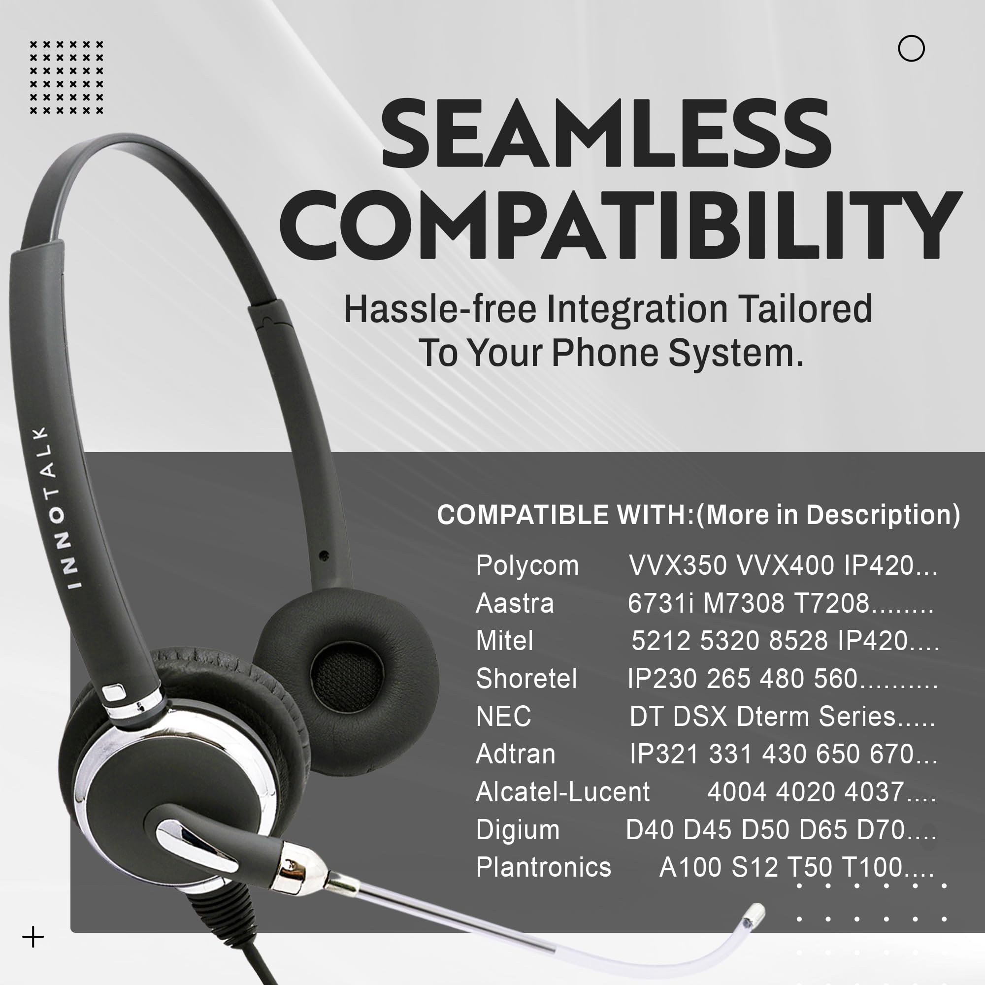 INNOTALK RJ9 Binaural Office Headset - Durable Call Center Headphones with Voice Tube Microphone, Clear Sound, Wired 9ft Cable & QD Pigtail Adapter - Compatible with Polycom, Mitel, Cisco & More - Perfect for Call Centers, Office Communication & Customer Support