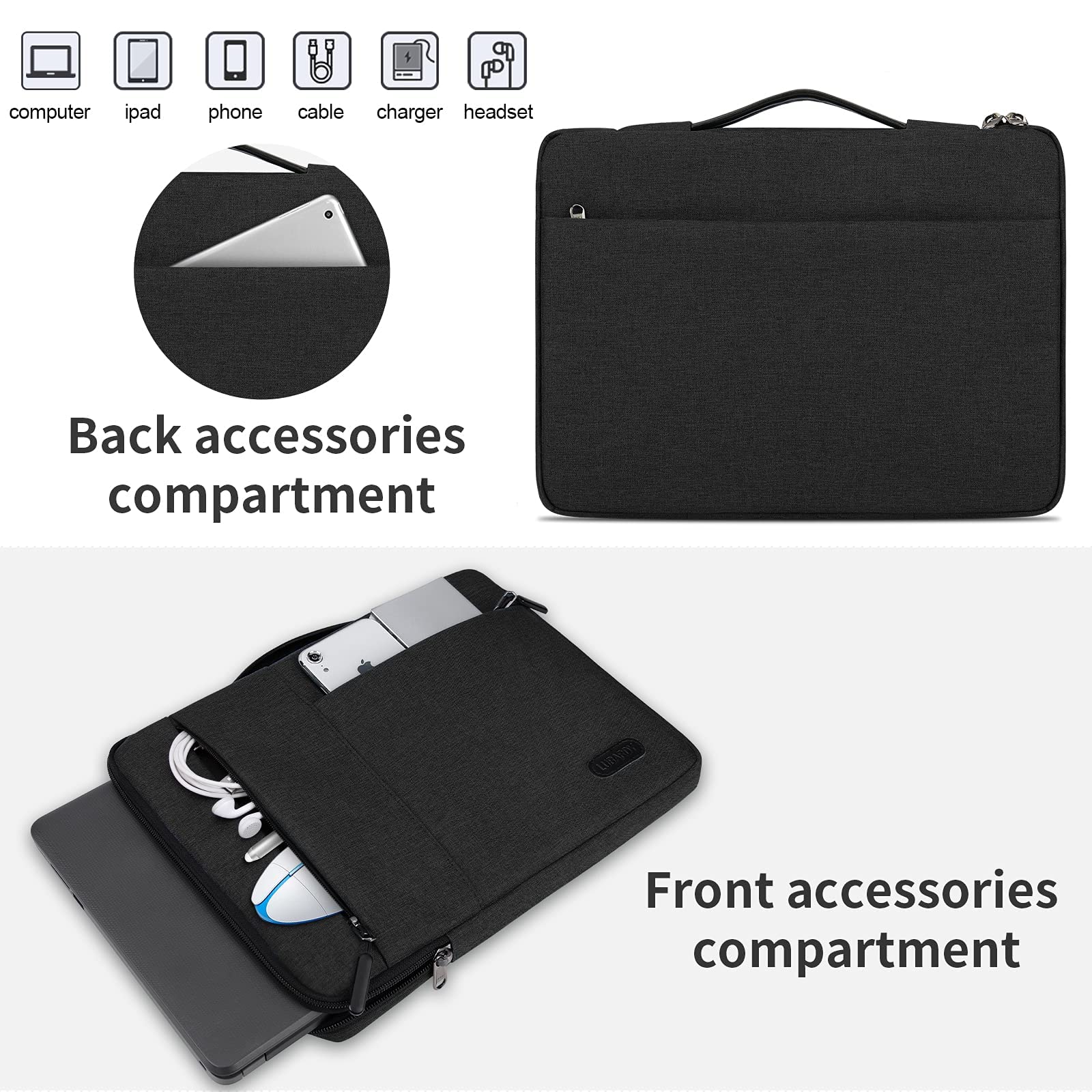 13.3-14 Inch Waterproof Laptop Sleeve Case - Durable Business Computer Bag for MacBook Air/Pro, HP, ThinkPad, Notebook & Tablet - Protective Handle Laptop Bag in Black - Ideal for Work, Travel & School