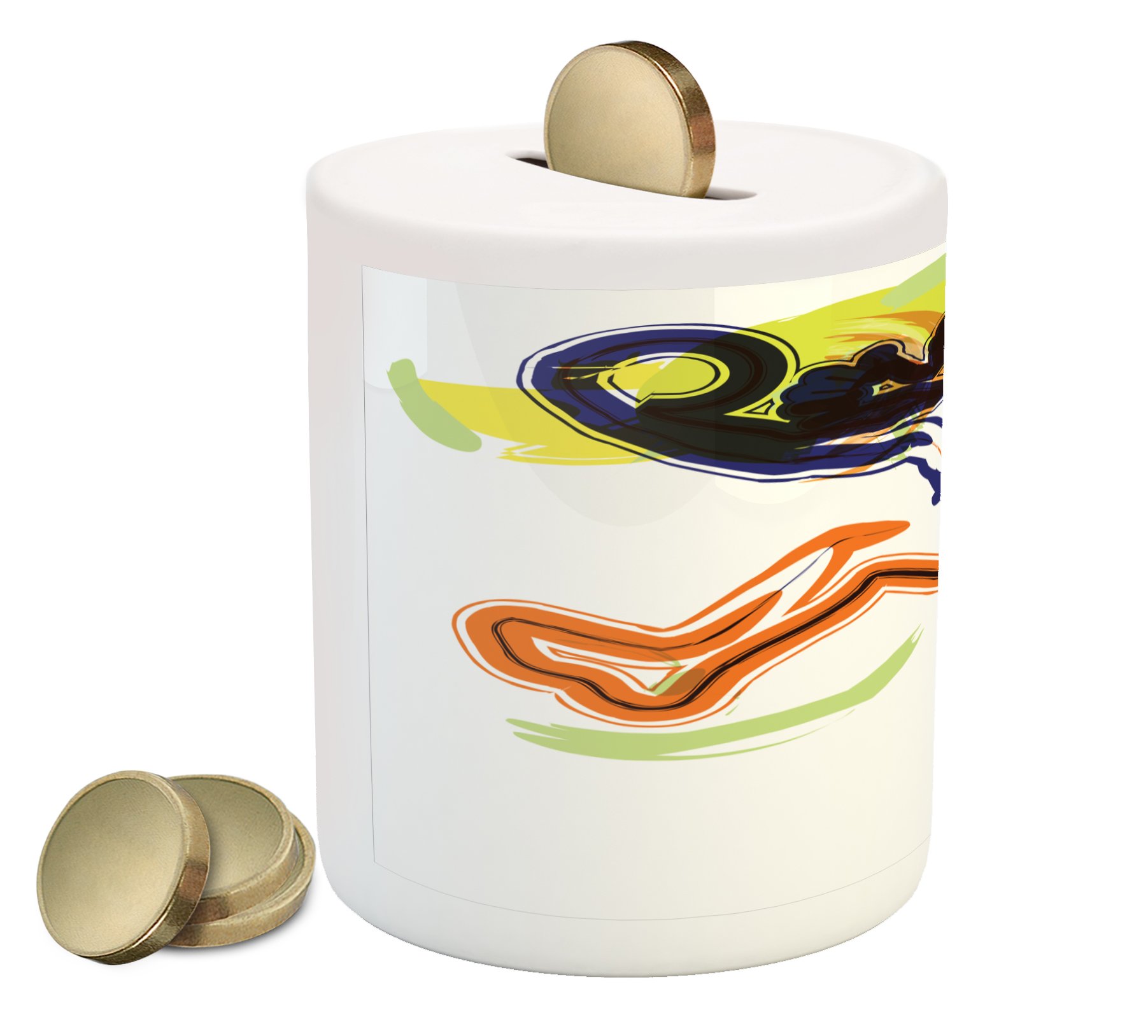 Ambesonne Basketball Piggy Bank - Ceramic Coin Bank with Man Playing Basketball Illustration, Champion Victory Passion Sketch - Money Box for Cash Saving in Orange, Black & Lime Green - Perfect Gift for Basketball Fans & Collectors