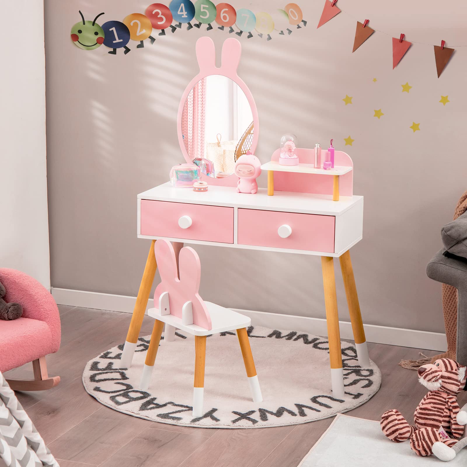 HONEY JOY Kids Vanity Set - Rabbit Themed Wooden Makeup Table & Chair with 2 Large Drawers, Beech Wood Legs, Princess Dressing Beauty Table for Girls - Pink Vanity with Mirror & Stool | Perfect for Bedroom Decor, Birthday Gifts & Pretend Play