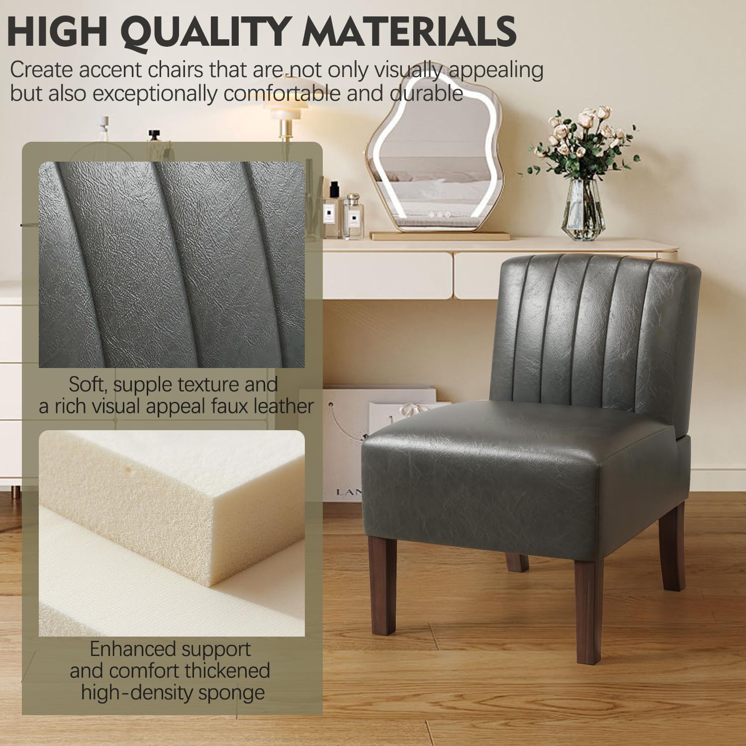 2 Armless Accent Chairs Set - Upholstered Dining & Living Room Chairs with Solid Wood Legs - Modern Bedroom, Vanity & Kitchen Seating - Soft Leather Reading Chairs in Grey - Perfect for Small Spaces, Home Office & Cozy Corners