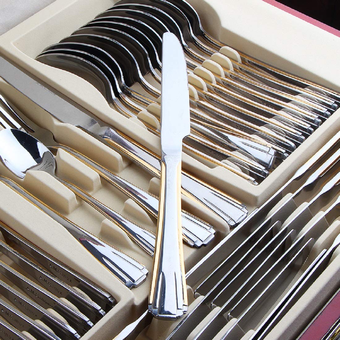 72-Piece Gold Flatware Set for 12 - 24K Gold Plated 18/10 Surgical Stainless Steel Cutlery with Wooden Storage Case - Elegant Dinnerware for Weddings, Parties & Fine Dining