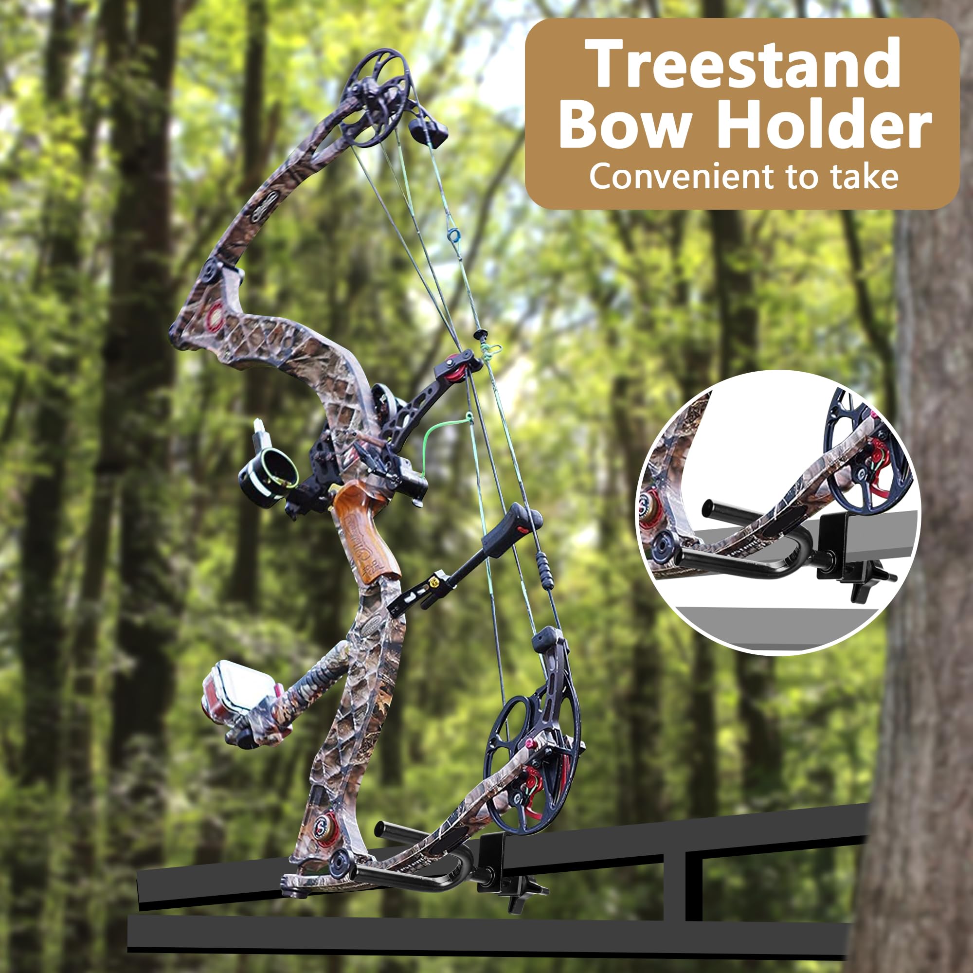 Adjustable 12-Teeth Tree Stand Bow Holder - Easy Install Hunting Bow Rest Accessory for Archery & Deer Hunting - Perfect for Treestand, Ground Blind & Outdoor Hunting Scenes