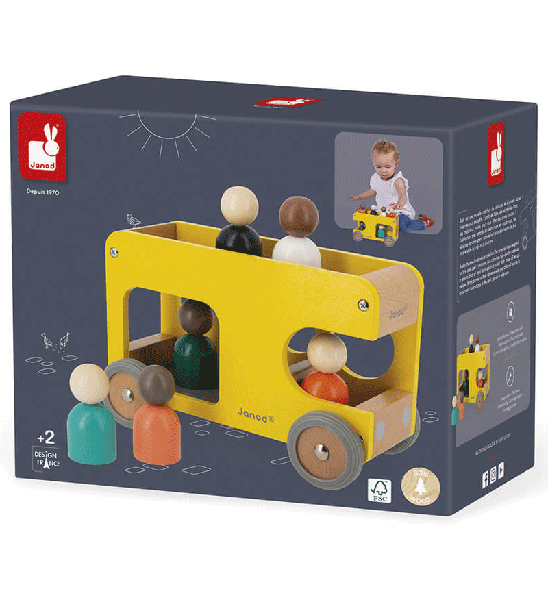 Janod Bolid School Bus Toy - Wooden Educational Toy for Kids, Perfect for Pretend Play & Early Learning | Great for Preschool, Daycare & Home Playtime