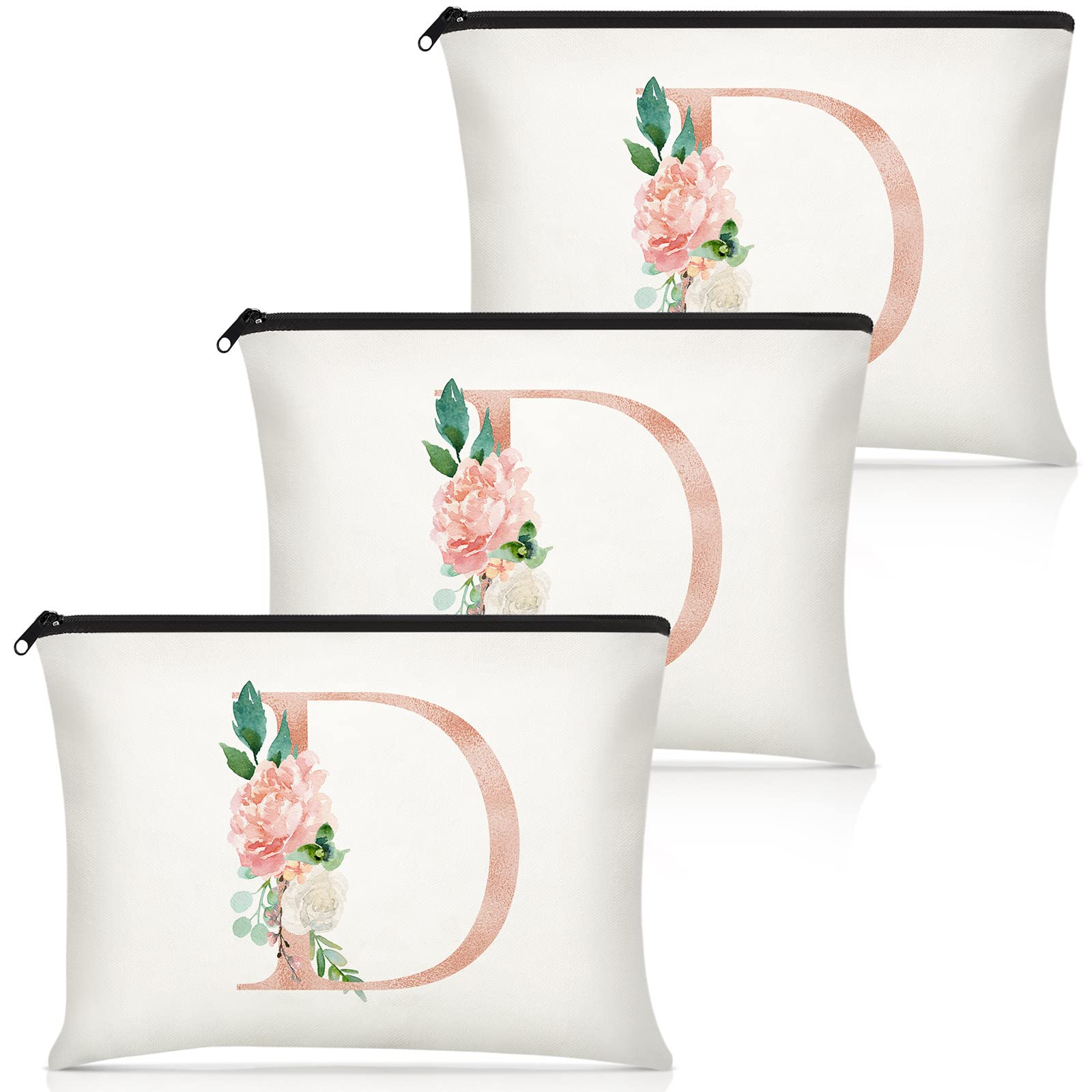 3-Piece Floral Monogrammed Makeup Bags Set - Personalized Cosmetic Pouches for Women, Bridal Shower, Wedding, Birthday & Mother's Day Gifts (9x6 Inches, D Style) - Perfect for Travel, Gym & Daily Beauty Organizer