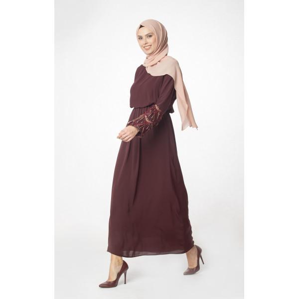 Elegant Burgundy Sequined Party Dress for Women - Abaci Modest Formal Gown 12956 - Perfect for Evening Events, Weddings & Special Occasions