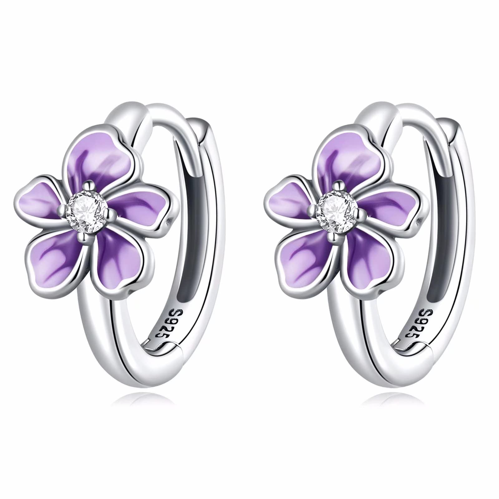 Hypoallergenic S925 Sterling Silver Purple Flower Hoop Earrings for Women - Dainty Huggie Hoops with Fresh Floral Design, Perfect for Everyday Wear, Date Nights & Gift Giving