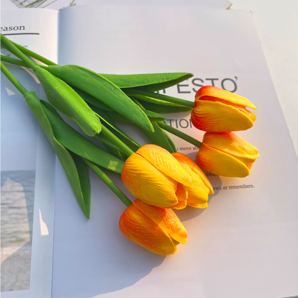 10 Pcs Realistic PU Touch Tulips Artificial Flowers - Orange Fake Tulip Bouquets for Home, Office, Wedding & Party Decorations - Perfect for Centerpieces, Table Arrangements & DIY Crafts