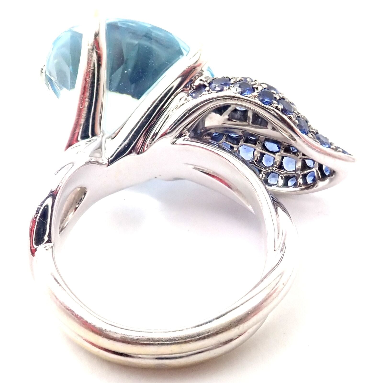 Authentic Chanel Camellia Flower 18k White Gold Ring with Aquamarine & Sapphire Gemstones - Luxury Jewelry for Women, Perfect for Weddings, Anniversaries & Special Occasions