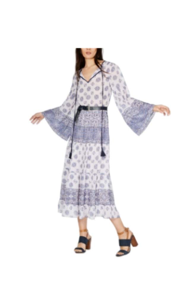Michael Kors Women's Blue Belted Printed Bell Sleeve V-Neck Tea-Length Sheath Dress Size M - Elegant Office Wear & Cocktail Party Dress