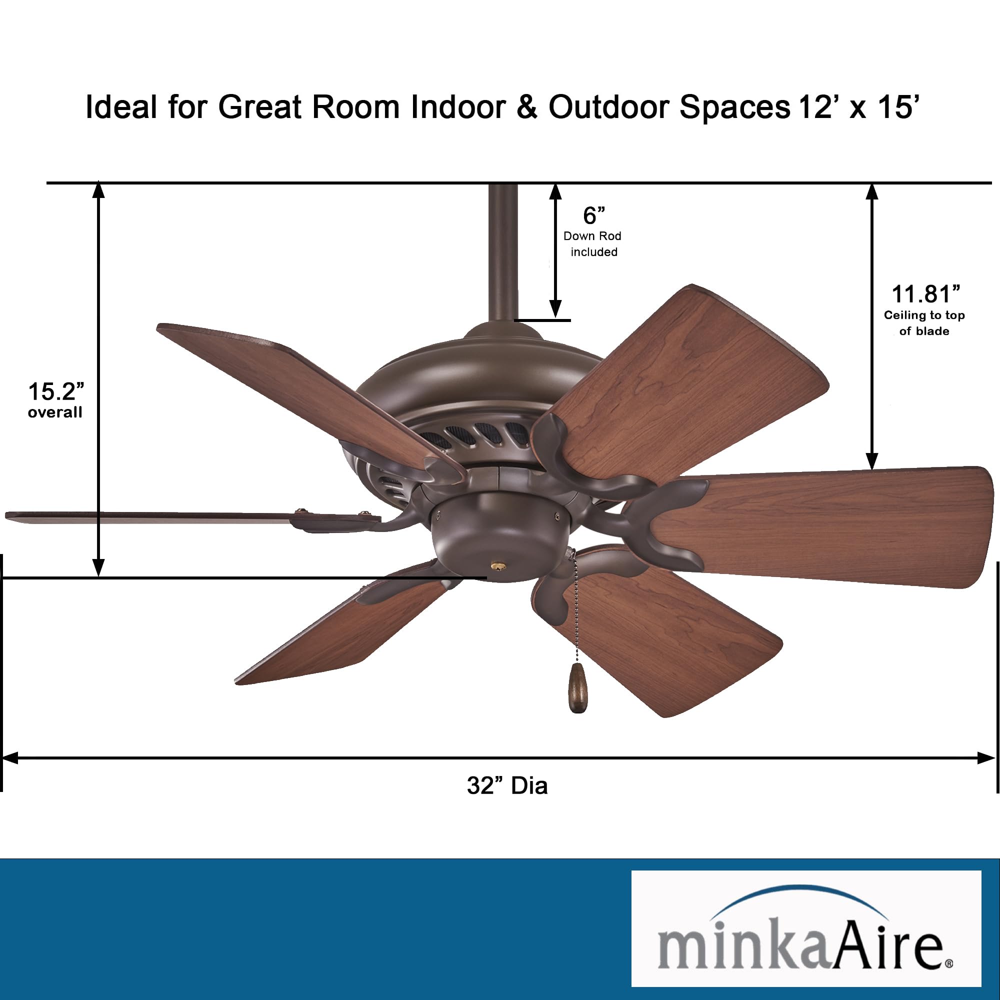 Minka-Aire F562-ORB Supra 32 Inch Ceiling Fan with Pull Chain - Oil Rubbed Bronze Finish - Perfect for Bedroom, Living Room & Outdoor Covered Patios