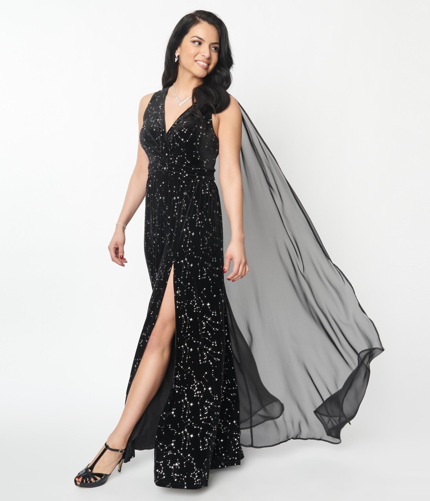 Elegant Vintage Black Velvet Cape Gown with Constellation Embroidery | Gothic Formal Dress for Evening Parties & Special Occasions