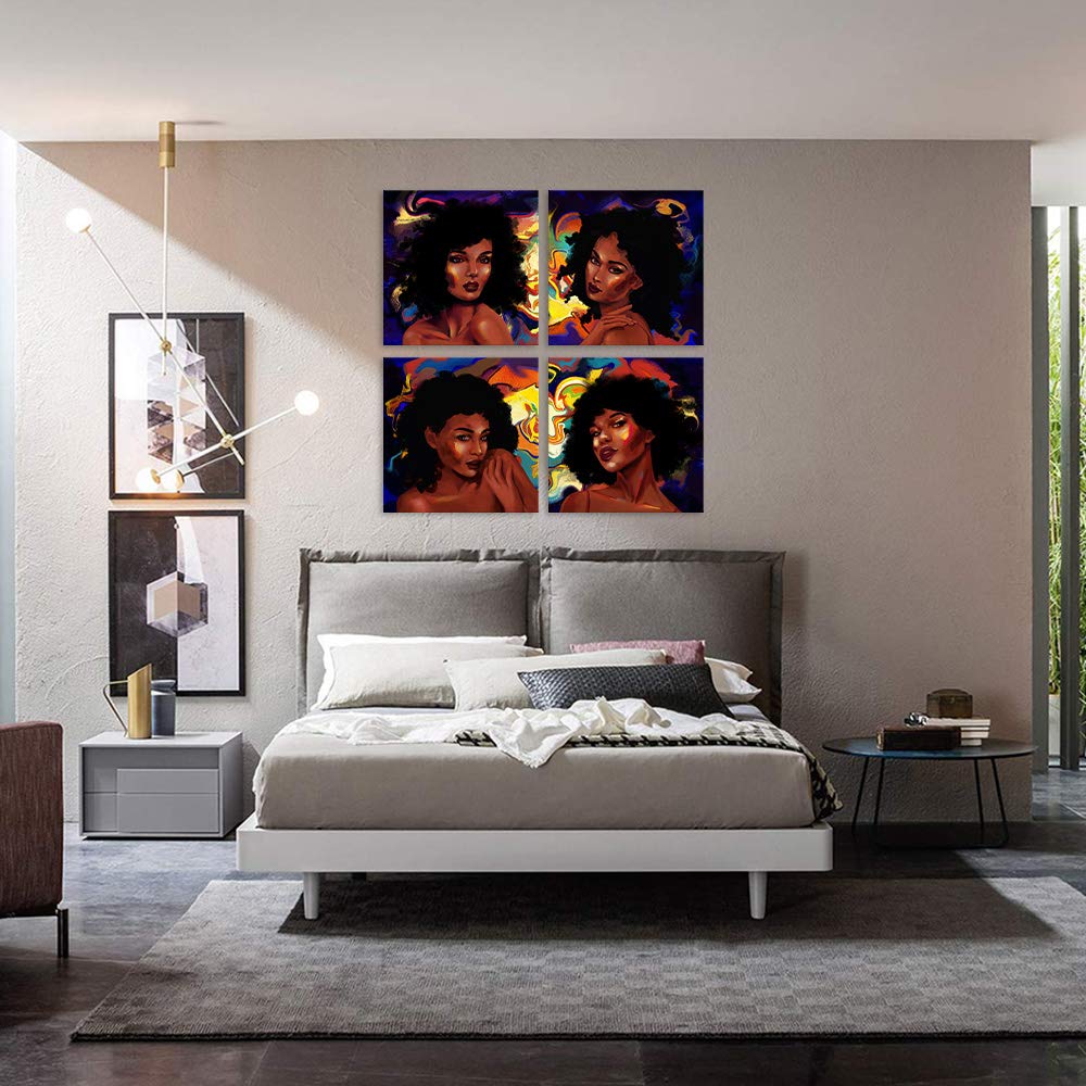 African American Wall Art Canvas - 4 Panels Framed Black Girl Painting, Modern Graffiti Wall Decor for Bedroom & Living Room, Ready to Hang Framed Canvas - Perfect for Home Decor, Housewarming Gifts & Urban Interior Design