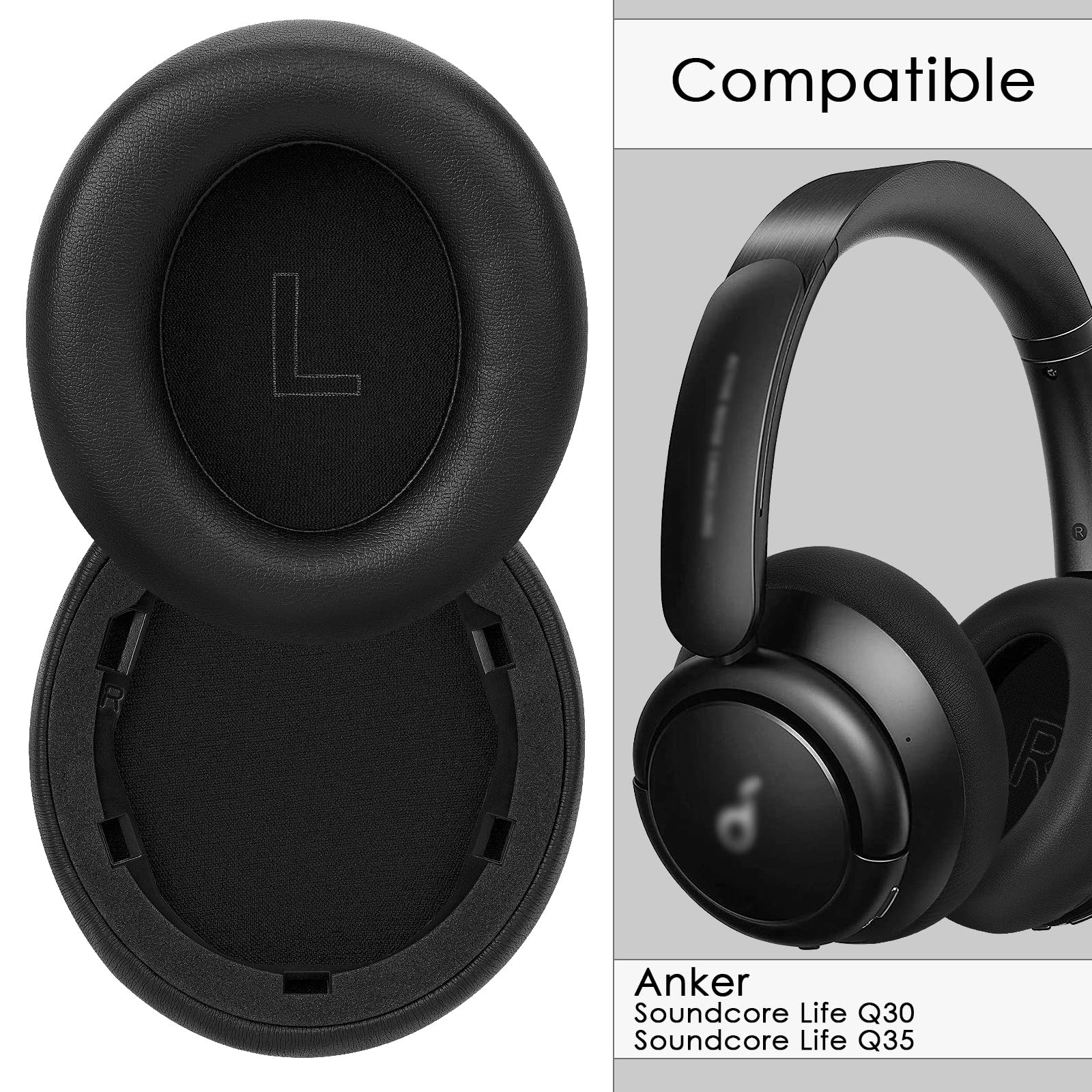 Anker Soundcore Life Q30/Q35 Replacement Ear Pads - Premium Protein Leather Ear Cushions & Headphone Earpads (Black) - Comfort Upgrade for Noise Cancelling Headphones - Perfect for Travel, Work & Gaming
