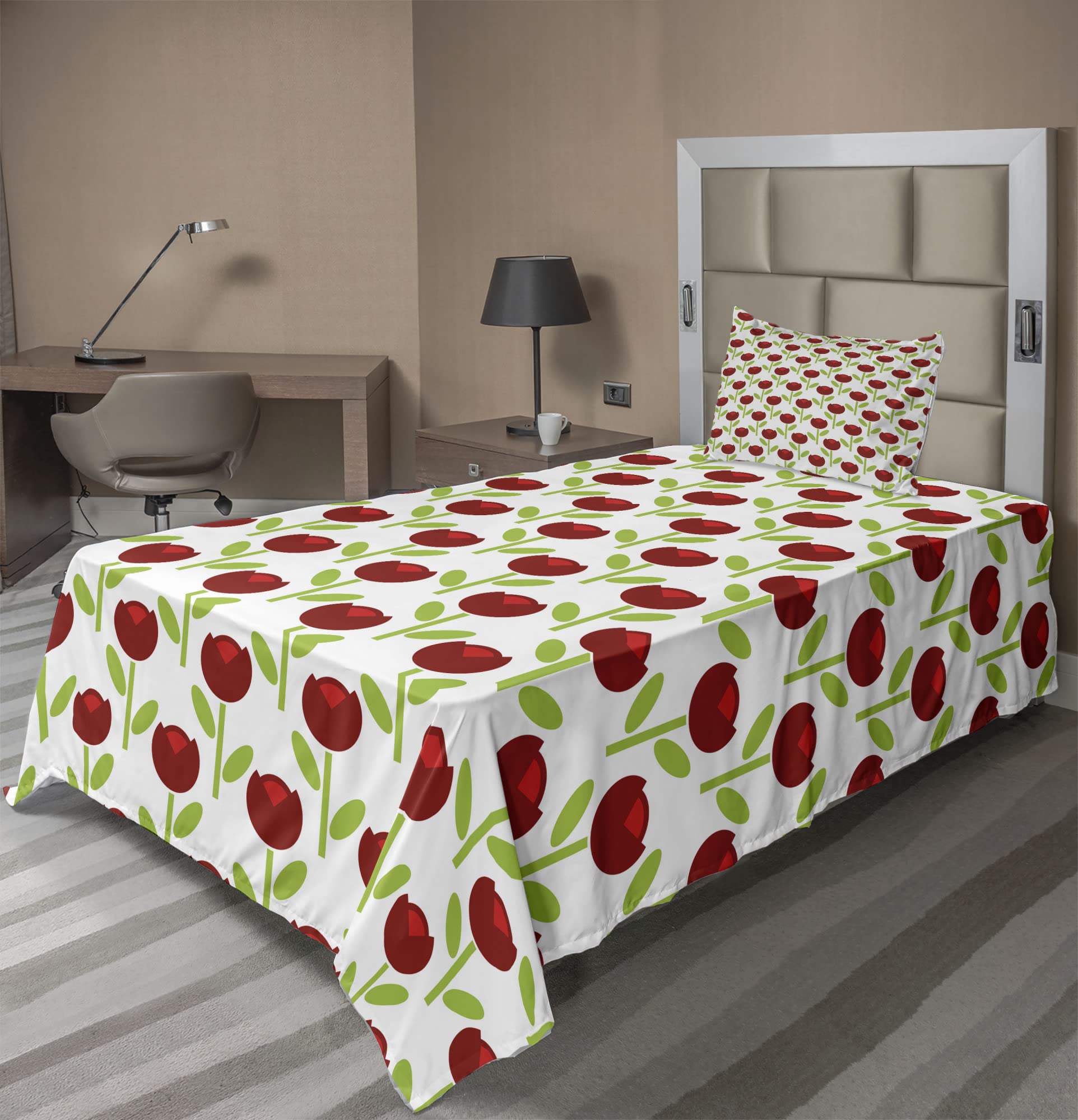 Ambesonne Floral Sheet Set 3-Piece - Twin Size Burgundy Tulips Print on White & Lime Green Backdrop | Soft Fitted & Flat Sheets with Pillowcase | Perfect for Guest Rooms, Dorms & Cozy Bedroom Decor