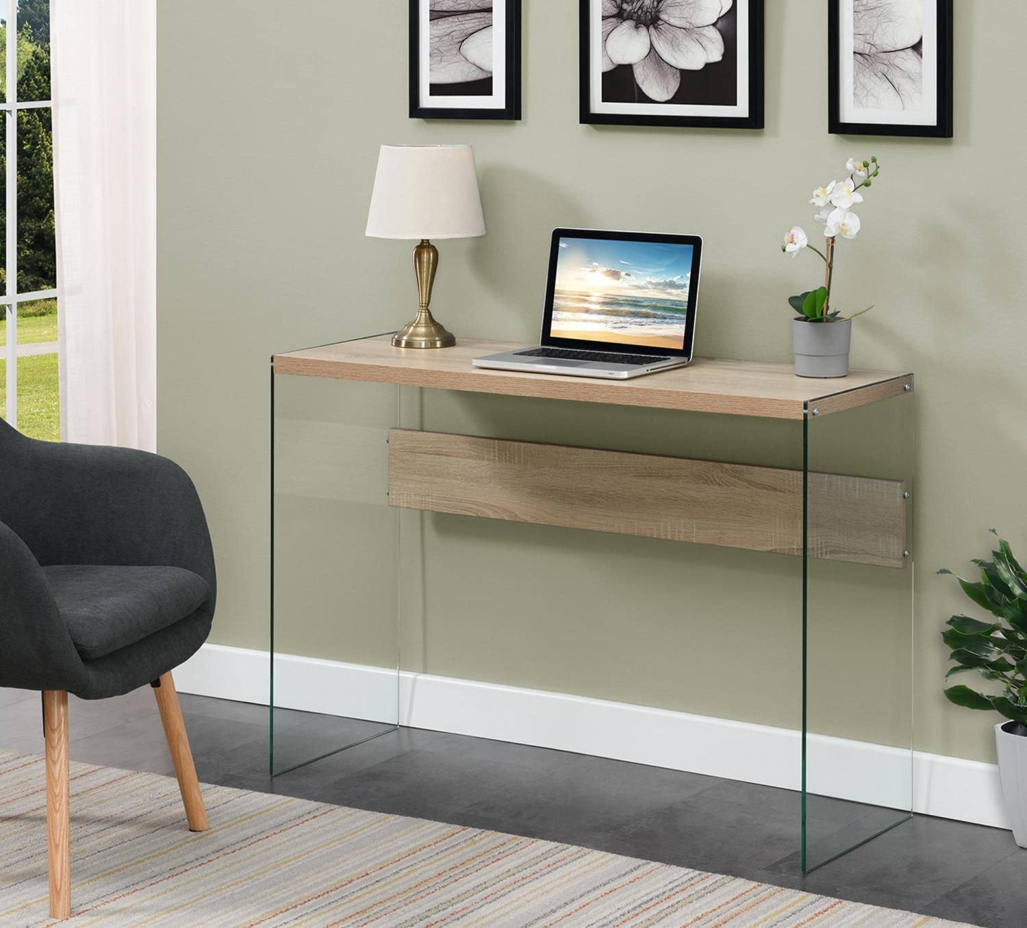 Convenience Concepts SoHo Console Table & Desk - Weathered White Finish for Living Room, Entryway, or Home Office