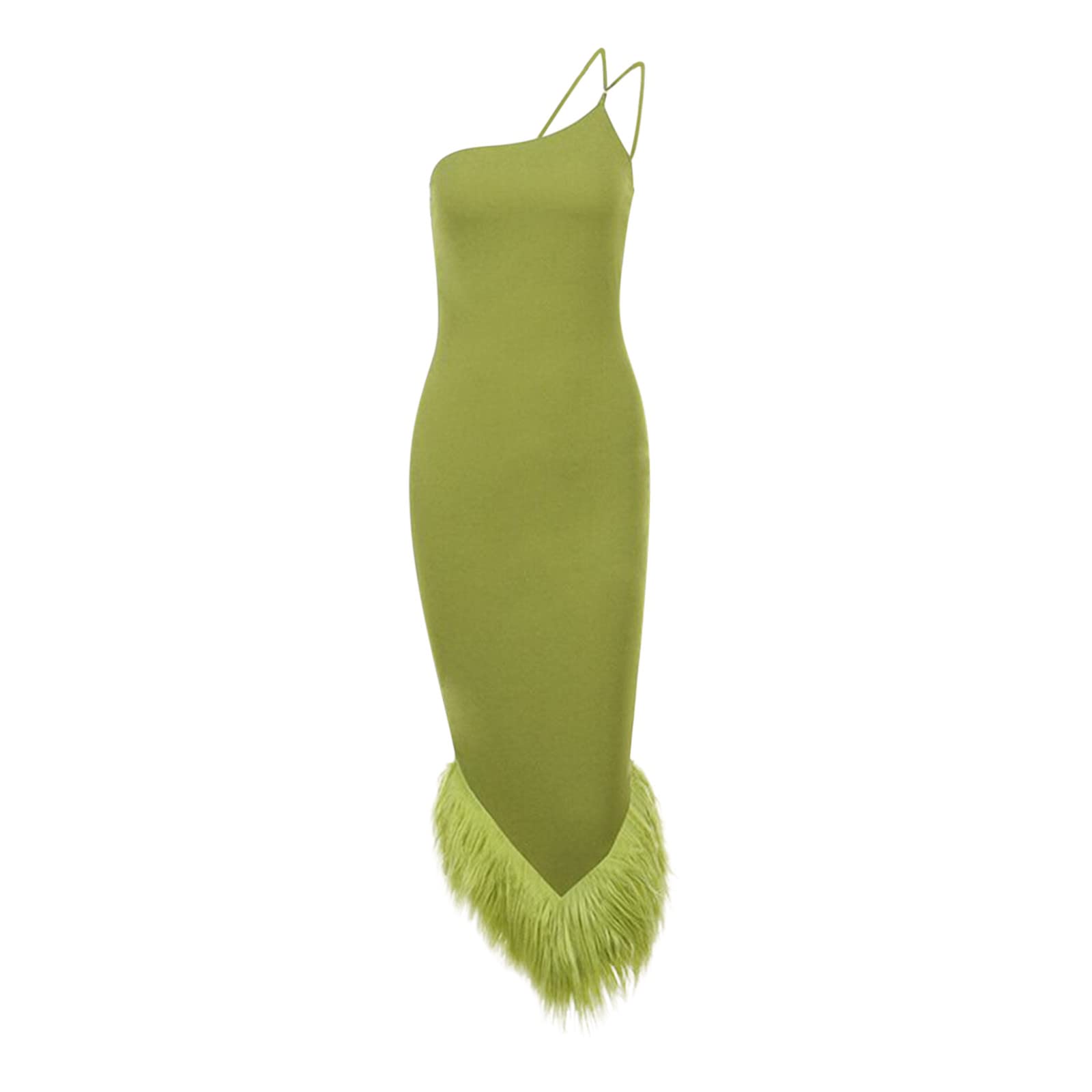Elegant Women's Sexy Feather Hem Knit Dress - Asymmetrical Strap Sleeveless Midi Dress for Party, Club & Streetwear | Perfect for Night Out, Date Night & Special Occasions