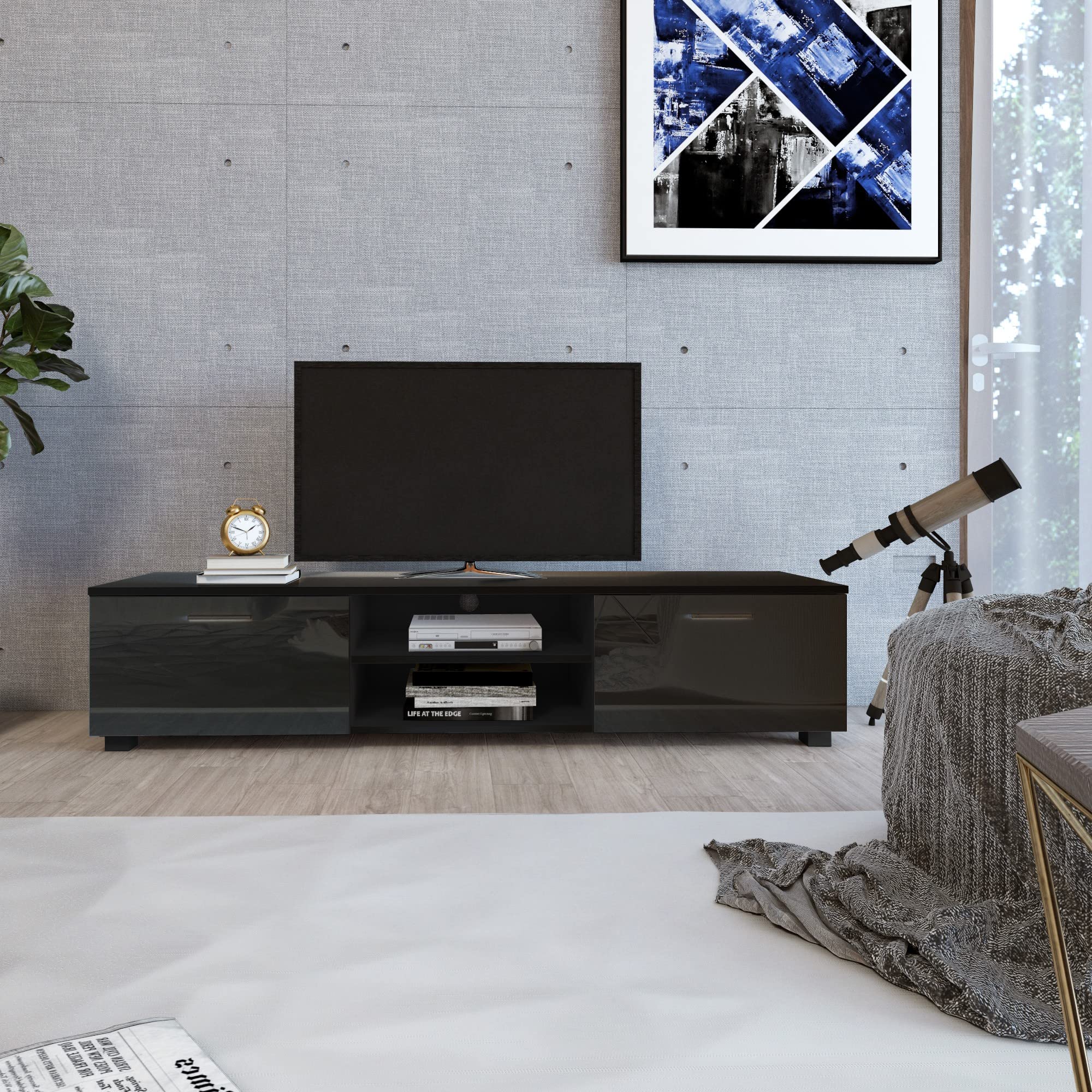 70 Inch TV Stand with Storage - Modern Media Console Entertainment Center for 70 Inch TVs, 2 Cabinet & Open Shelves - Perfect for Living Room & Bedroom (Black) | Home Theater Setup & Living Room Furniture