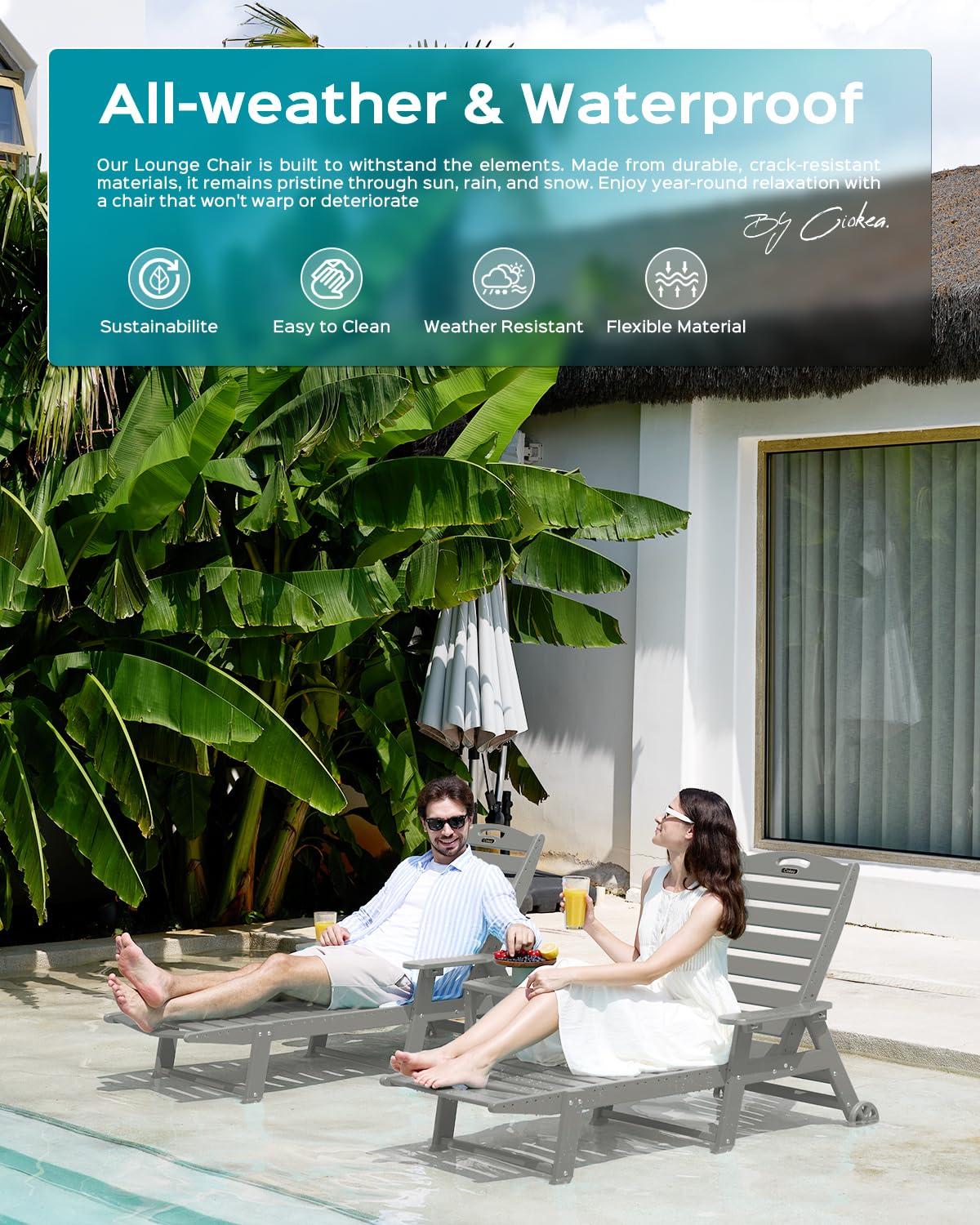 Outdoor Lounge Chair with 5 Adjustable Positions, Oversized Patio Chaise Lounge with Wheels & Cup Holder - Durable HDPE Material for Poolside, Deck, Backyard Relaxation - Grey