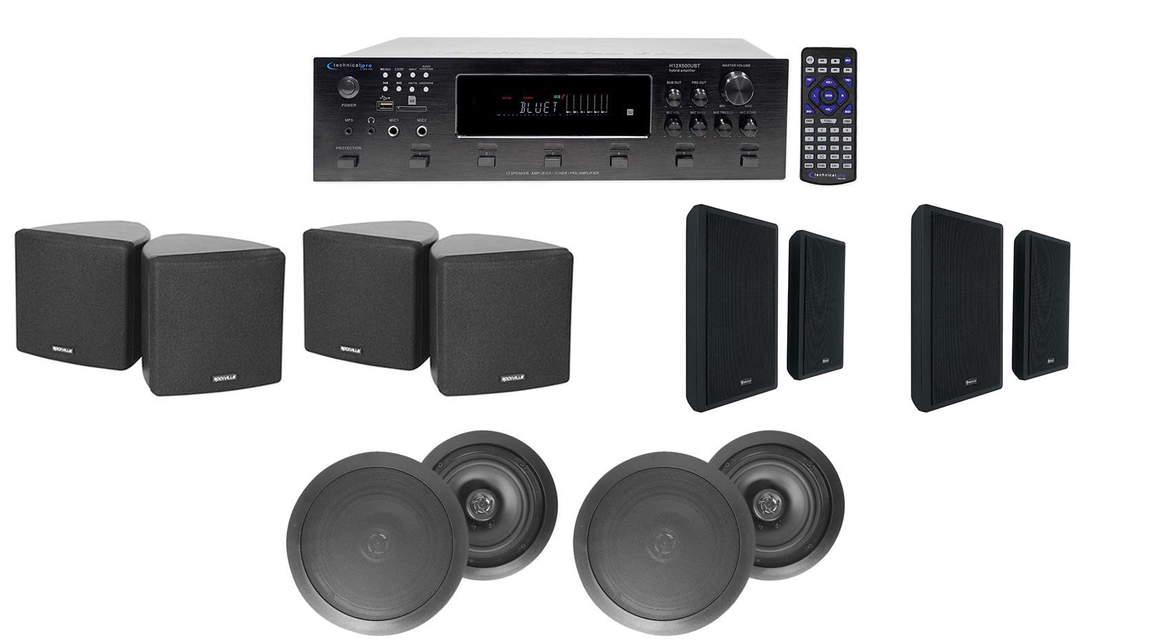 H12X500UBT 6-Zone Home Theater Receiver with Cube, Wall & Black Ceiling Speakers - Premium Audio System for Movie Nights & Gaming Setup