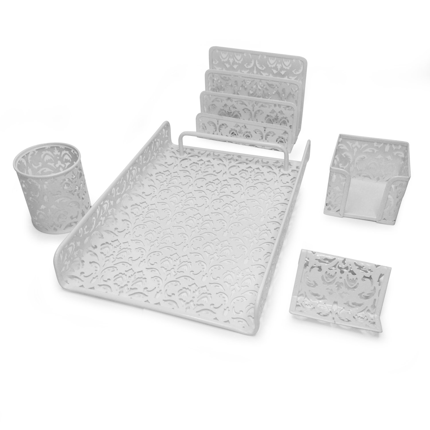 5-Piece White Flower Design Metal Mesh Desk Organizer Set - Office Supplies for Pens, Pencils, & Stationery - Perfect for Home, Office, or School Organization (MG503-JM3622WHT)