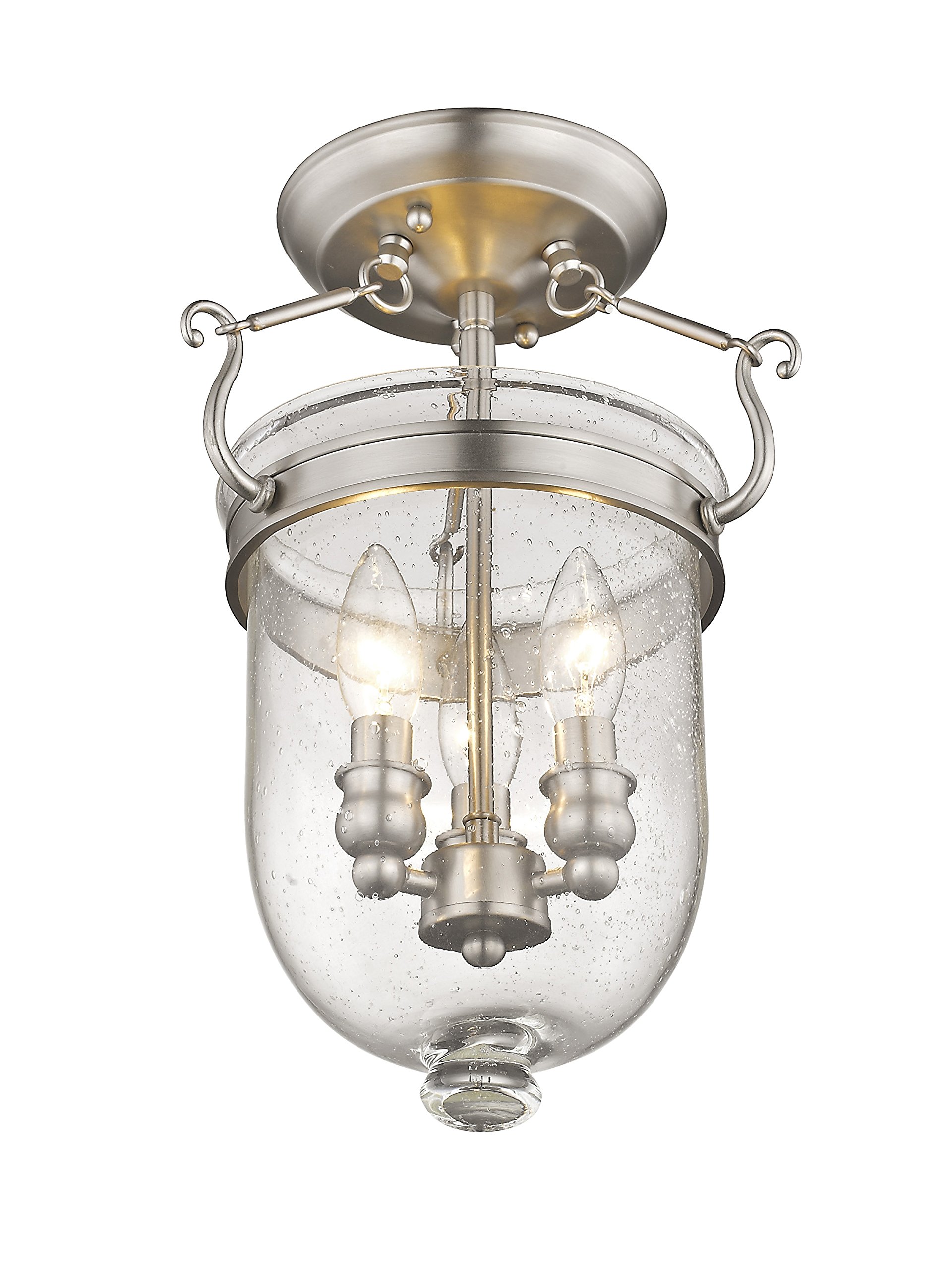 Livex Lighting Jefferson 3-Light Brushed Nickel Semi-Flush Mount Bell Jar Chandelier with Seeded Glass - Perfect for Dining Room, Bedroom, or Entryway Lighting