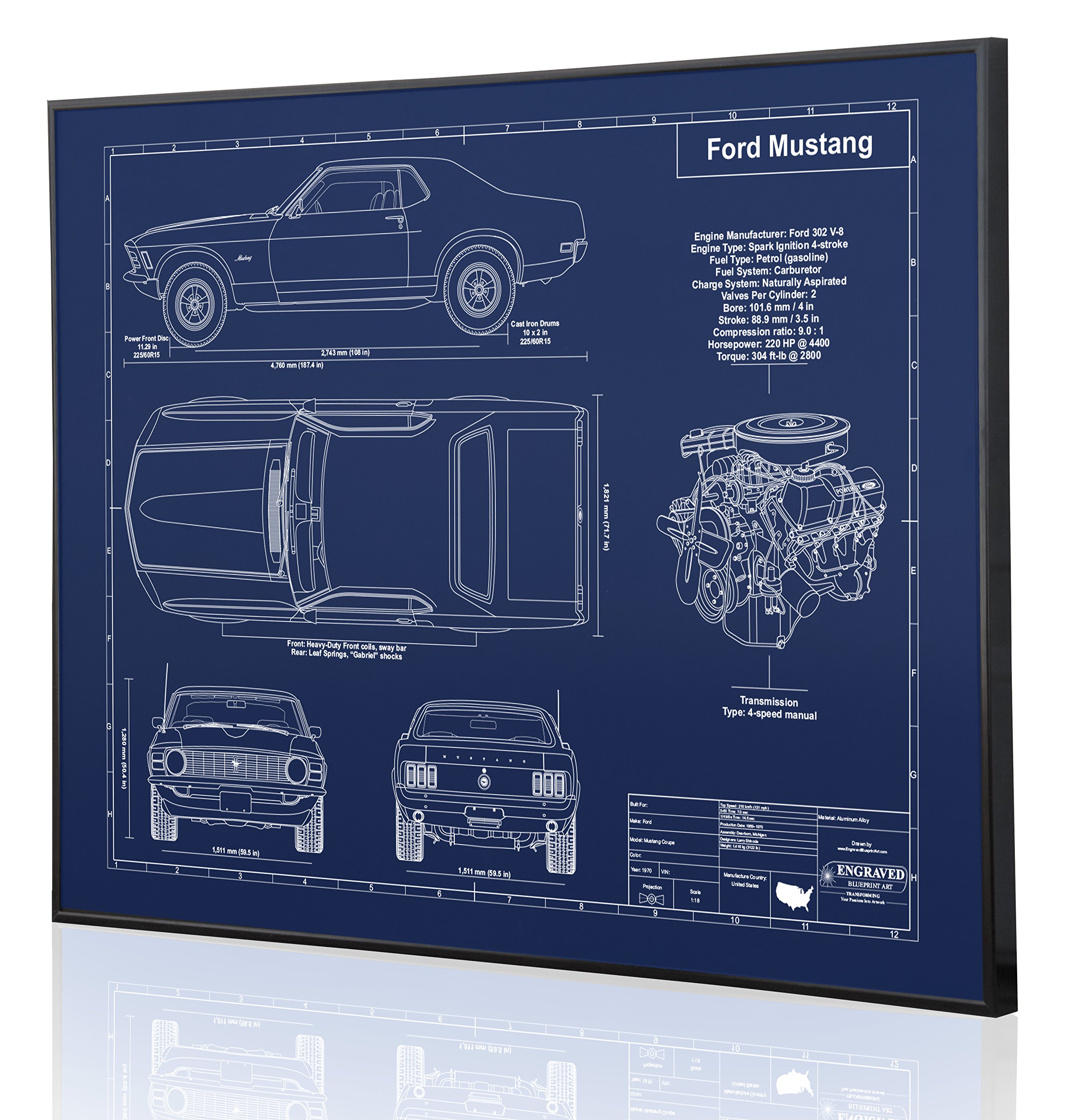 1970 Ford Mustang Blueprint Artwork - Laser Engraved & Personalized Gift for Ford Enthusiasts - Perfect for Home, Office Decor & Car Lover Presents