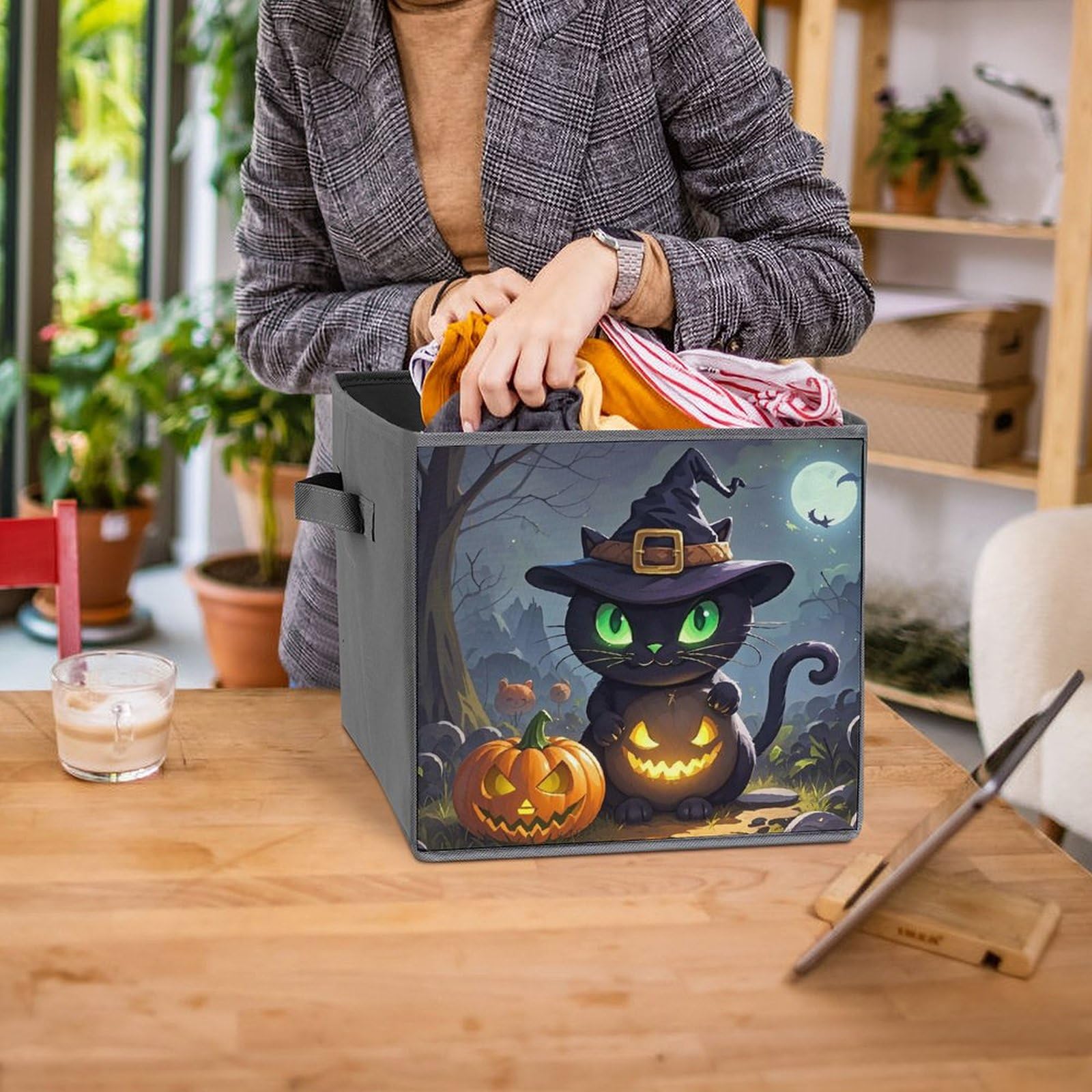 2PCS Foldable Storage Bins - Large Capacity Cat Halloween Printed Storage Boxes with Handles for Playroom, Office & Home Organization | Perfect for Toys, Books & Seasonal Decor Storage