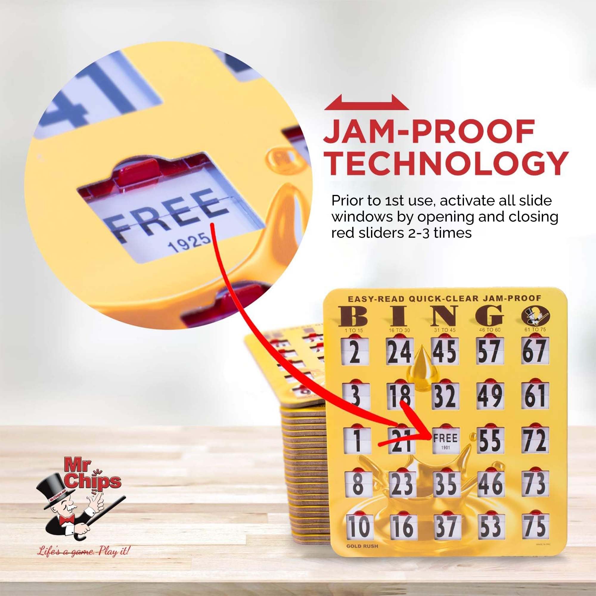 MR CHIPS Jam-Proof Easy-Read Quick-Clear Large Print Fingertip Slide Bingo Cards with Sliding Windows - 100 Pack Gold Rush Style | Perfect for Bingo Nights, Senior Activities, Family Game Nights & Casino-Themed Parties | Ideal for Bingo Halls, Retirement Communities, and Home Entertainment