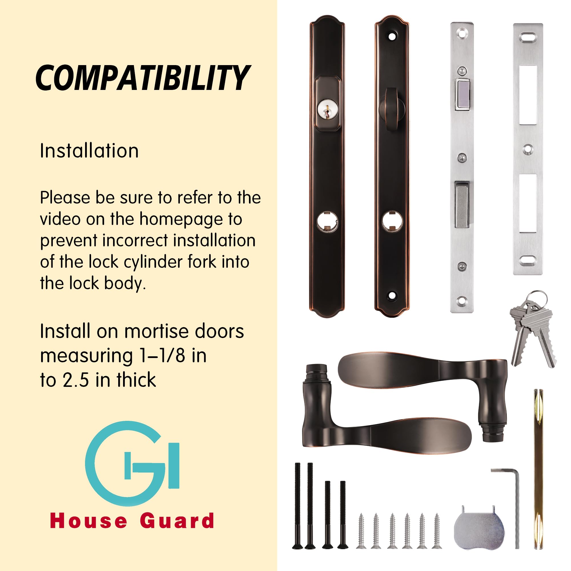 Universal Hinged Patio Door Handle System with Lever Handle & Mortise Lock Set - Left/Right Entry Door Handles (Oil Rubbed Bronze) - Perfect for Sliding Glass Doors, French Doors & Home Security