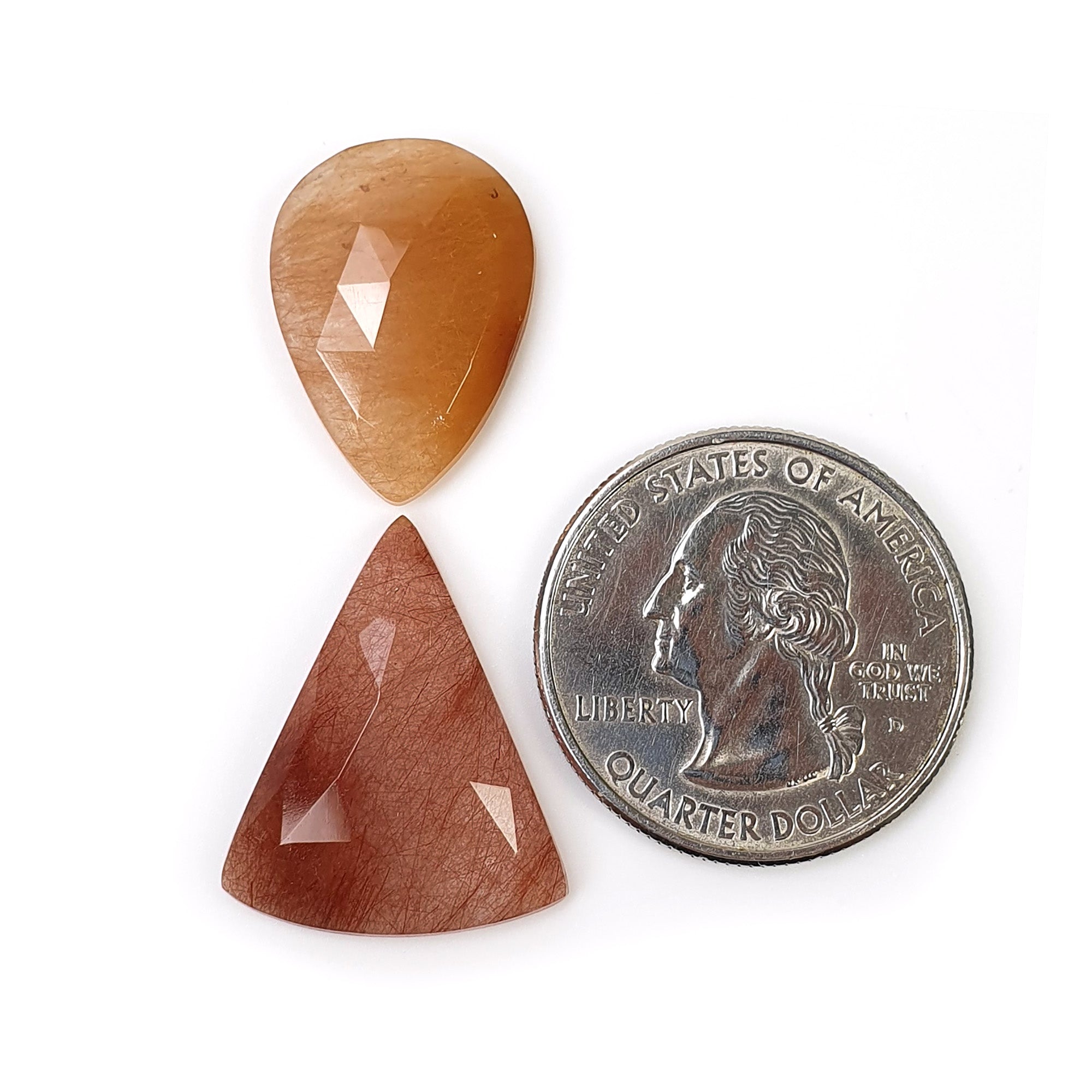 Natural Brown Rutile Quartz Gemstone - 19.80cts Untreated Rose Cut Pear & Triangle Shape (23x18mm & 21x15mm) 2pc Set with Video - Perfect for Jewelry Making, Crystal Healing & Collectors