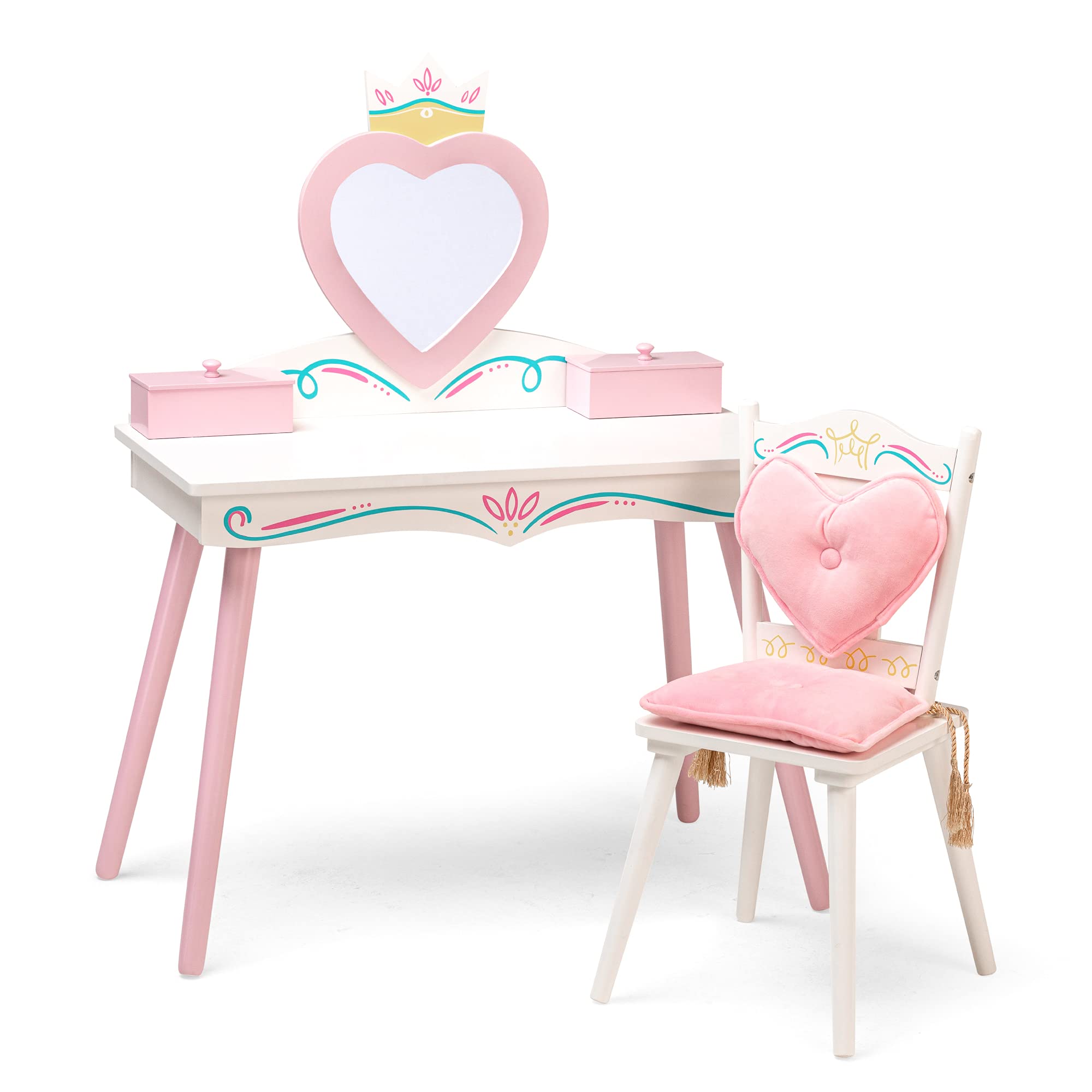 Wildkin Kids Princess Wooden Vanity and Chair Set for Girls - White Vanity with Mirror, Jewelry Box & Music Box, Includes Matching Chair with Removable Cushion - Perfect for Bedroom Decor, Pretend Play & Gift for Toddlers