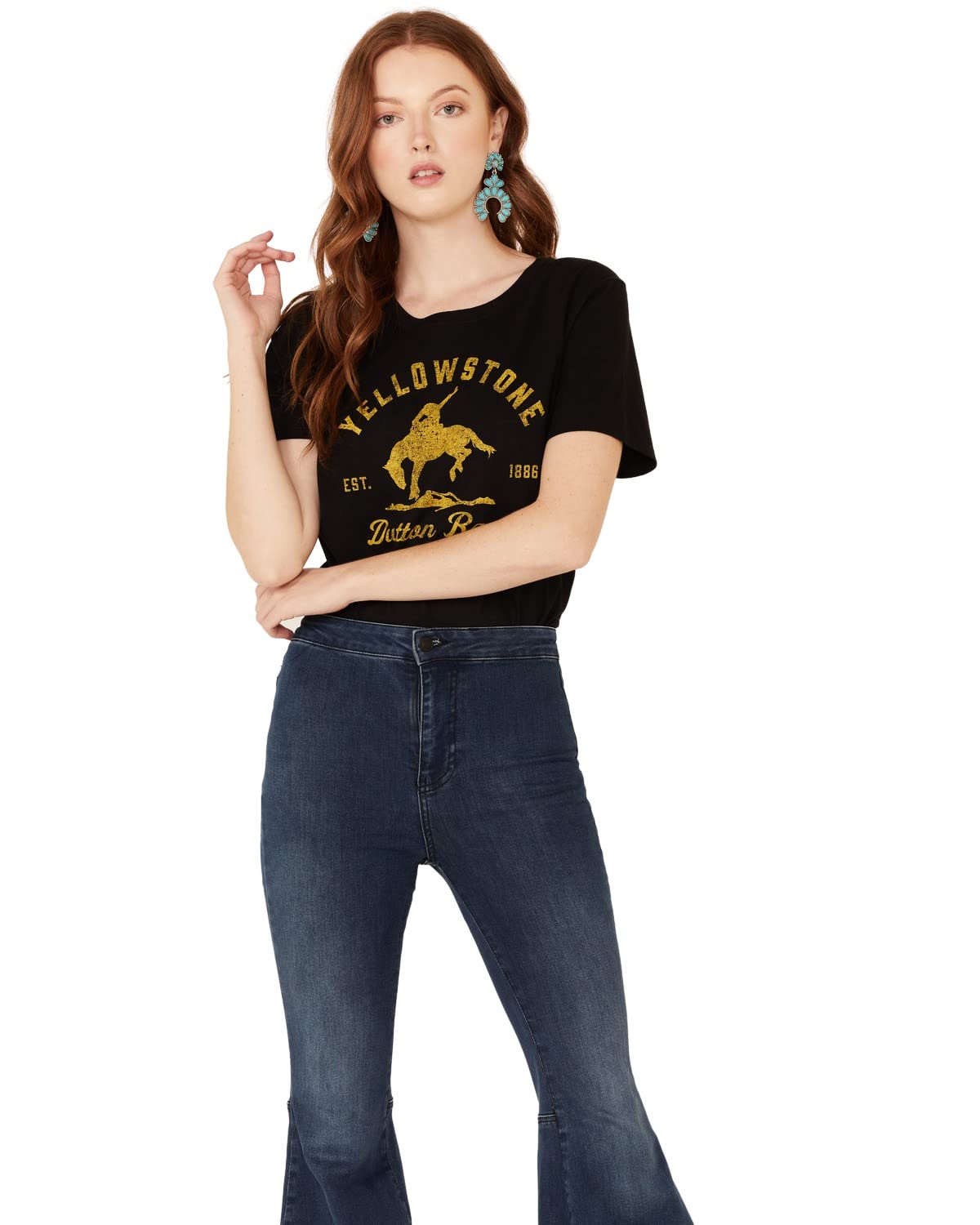 Yellowstone Bucking Bronco Women's T-Shirt - Black Cotton Graphic Tee for Western Rodeo & Cowgirl Fashion