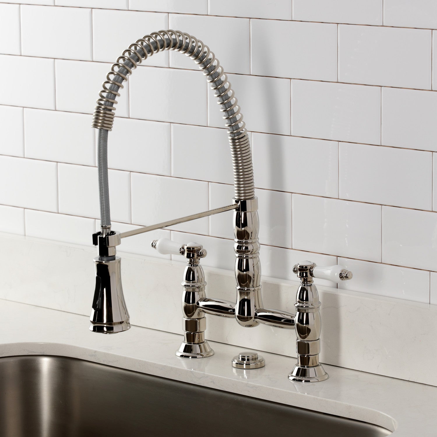 Bel Air GS1276BPL Double Handle 2 Hole Deck Mount Pre Rinse Bridge Kitchen Faucet in Polished Nickel - Perfect for Commercial Kitchens and Heavy-Duty Home Use