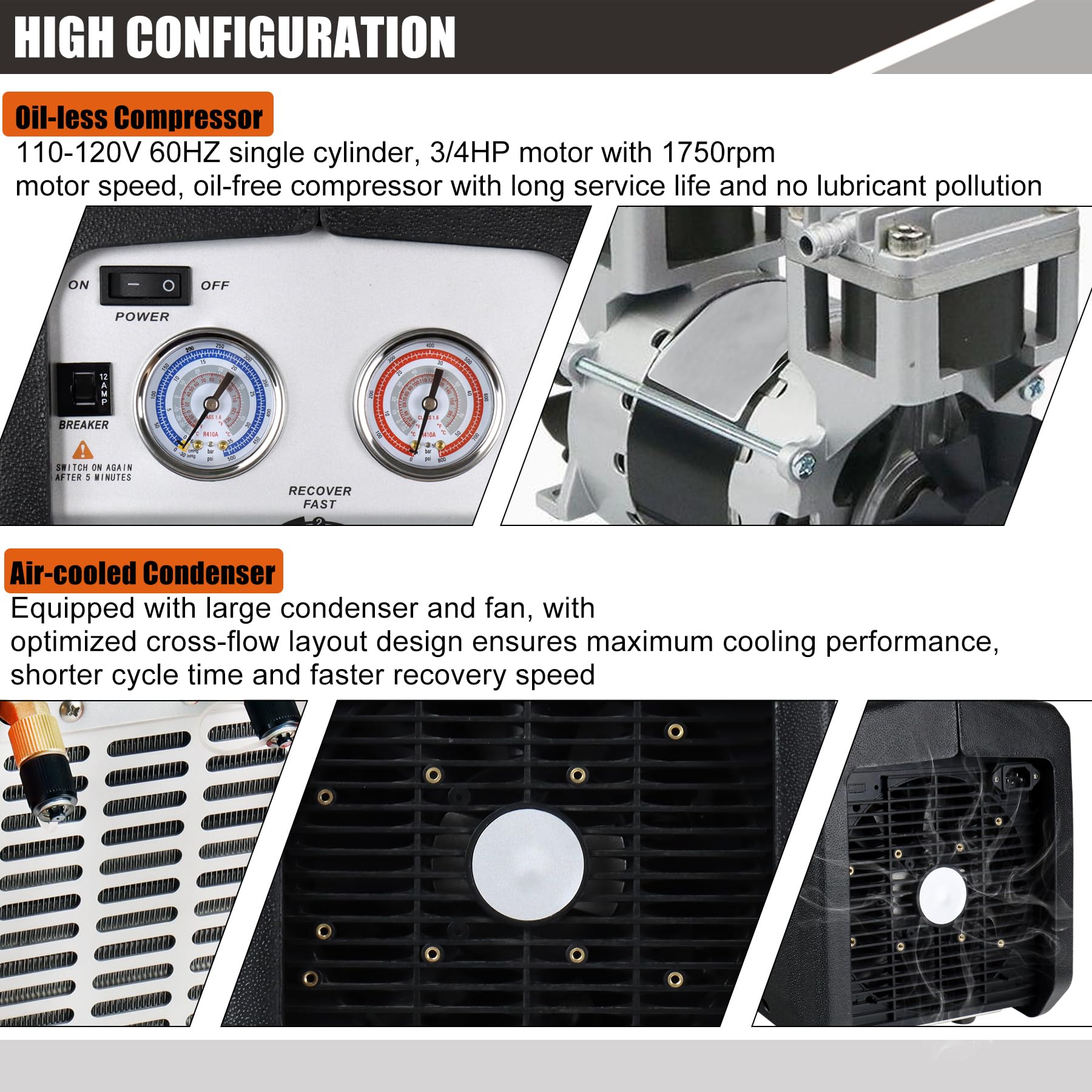 JIFETOR Portable AC Refrigerant Recovery Machine - 3/4HP Oil-Less Compressor for Recycling Liquid & Vapor Refrigerant | Automotive AC & HVAC System Maintenance Tool | Ideal for Car Repair Shops & Home HVAC Service