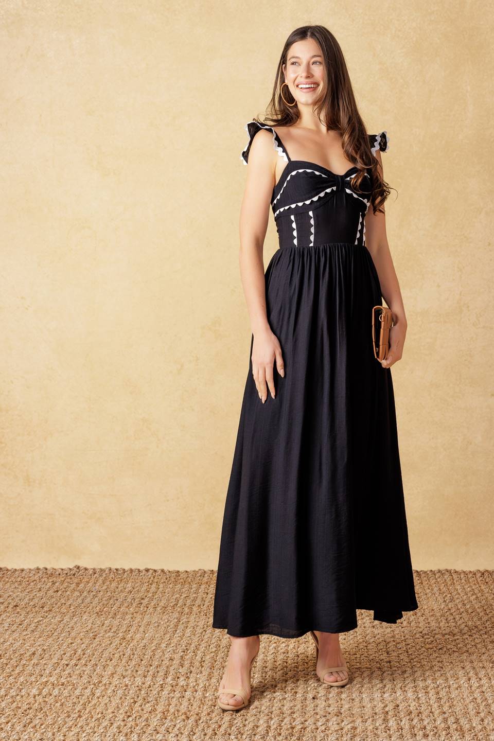 Stylish Black Woven Midi Dress for Women - Elegant A-Line Flowy Summer Dress for Casual Outings, Date Nights & Office Wear