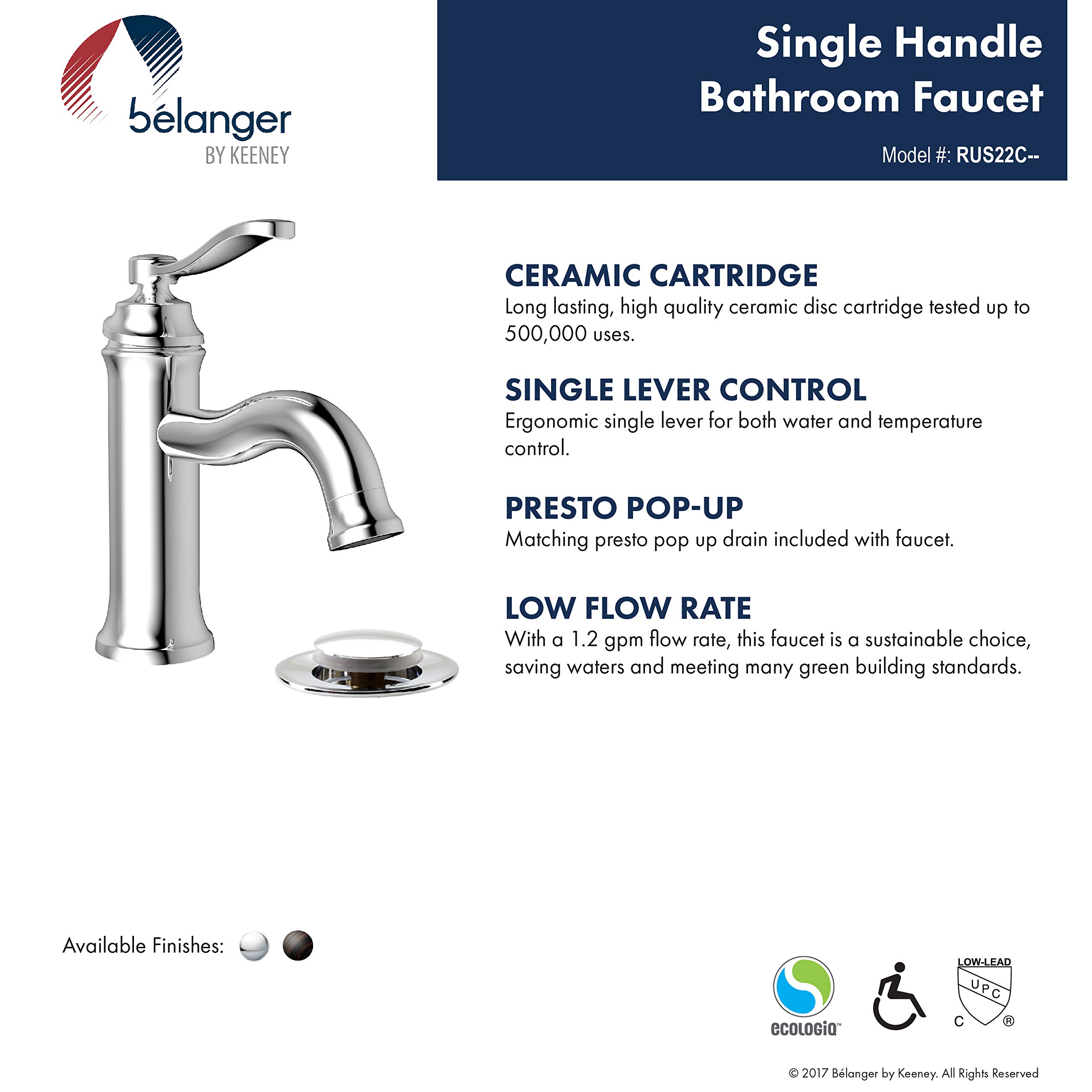 Belanger Single Handle Bathroom Sink Faucet with Drain - Oil Rubbed Bronze Finish for Modern Bathrooms | Perfect for Vanity, Powder Room & Guest Bath Installation