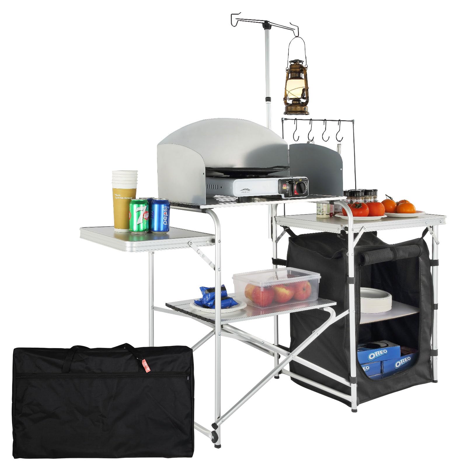 VEVOR Aluminum Portable Camping Kitchen Table - Foldable Outdoor Cook Station with Windscreen, Storage Organizer & Carrying Bag - Perfect for Camping, Picnics, Beach BBQs, RV Travel & Outdoor Adventures