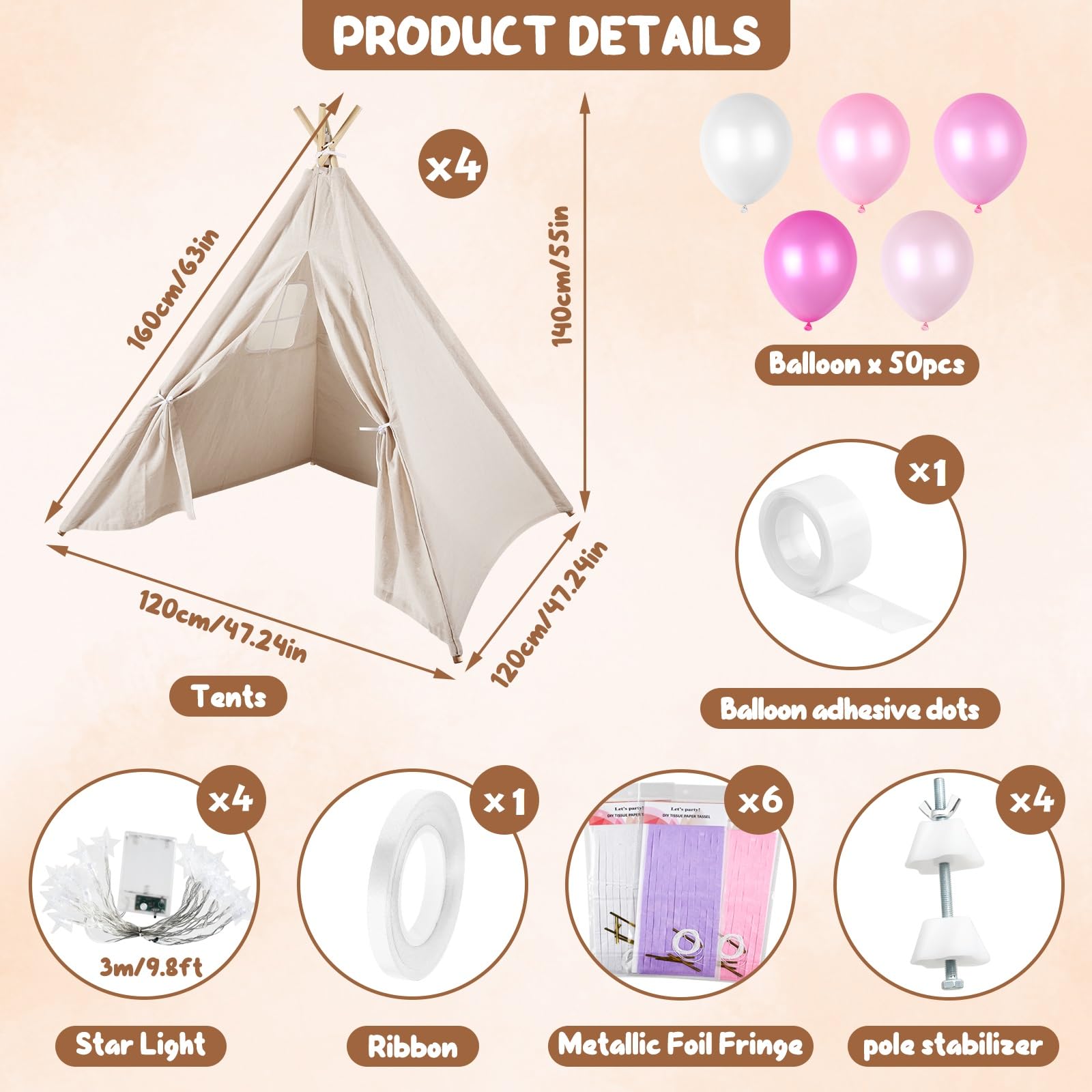 4 Pack Kids Teepee Tent Playhouse for Girls - White Play Tent with Inflatable Airbed & Decorations - Indoor Outdoor Slumber Party, Camping & Sleepover Fun - Perfect for Birthday Parties, Backyard Adventures & Cozy Reading Nook