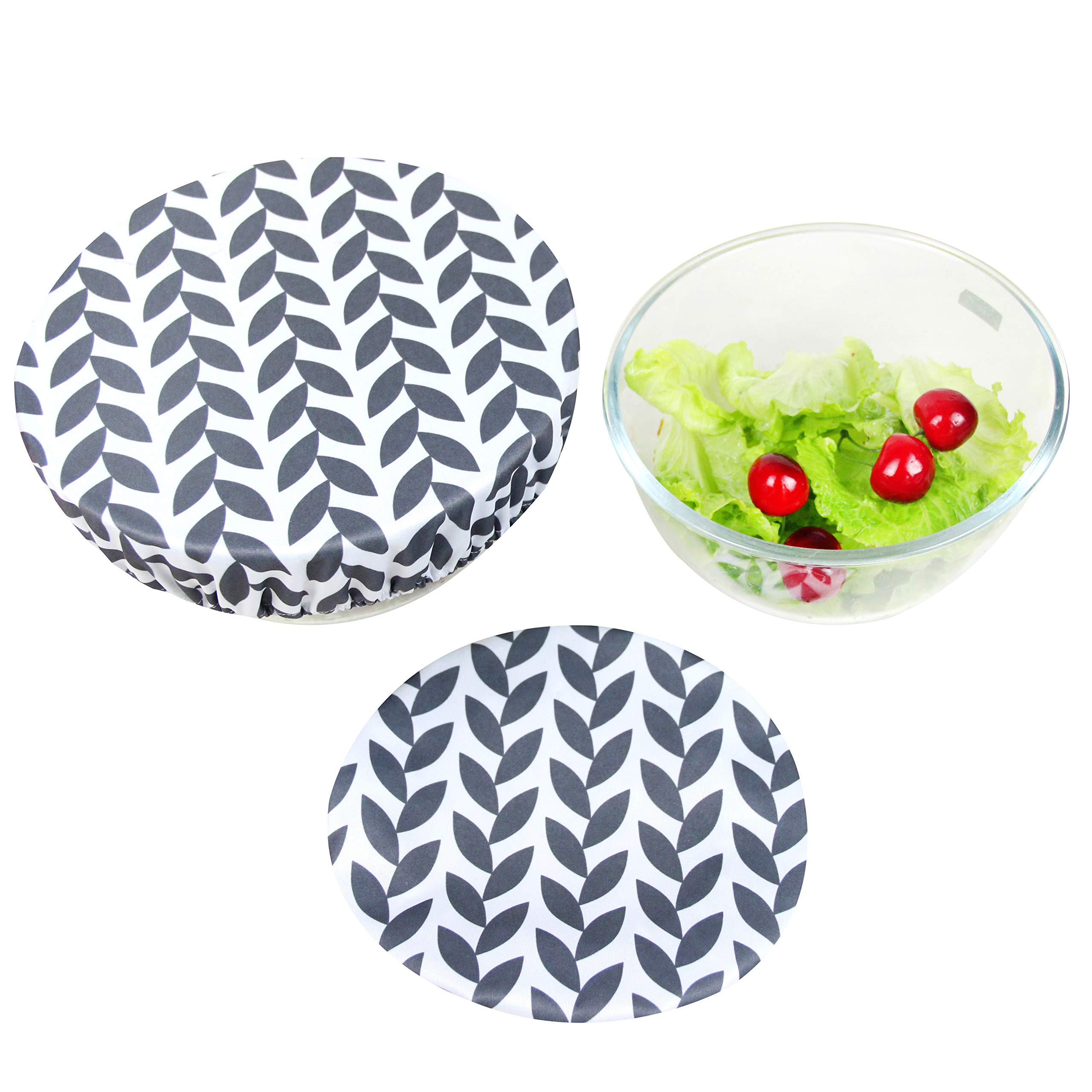 Wegreeco Reusable Silicone Bowl Covers Set of 3 - Stretchable Food Covers for Leftovers, Meal Prep & Fresh Food Storage - Eco-Friendly Kitchen Accessories (Grey Leaf Design) - Perfect for Refrigerator, Picnics & Potlucks
