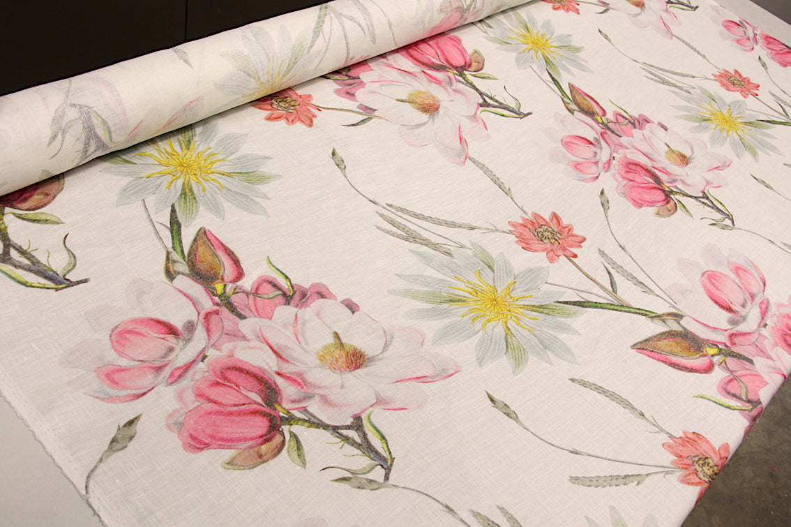 Bellissimi Fiori Printed Linen Tablecloth - Elegant Floral Design for Dining Room Decor, Wedding Reception & Home Decor