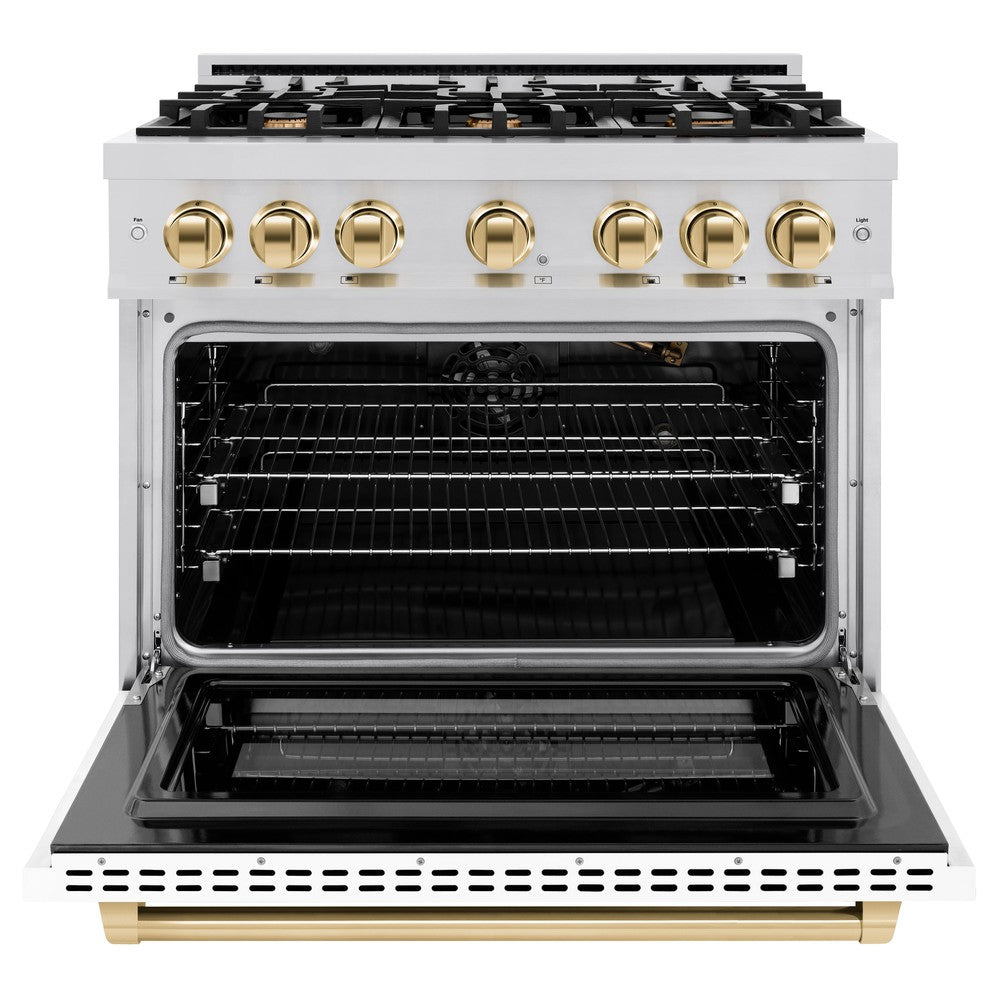 ZLINE Autograph Edition 36 Inch 5.2 Cu Ft Gas Range with 6 Burner Cooktop & Convection Oven - Stainless Steel with White Matte Door & Polished Gold Accents (HGRZ WM 36 G) - Perfect for Modern Kitchens, Home Chefs & Gourmet Cooking