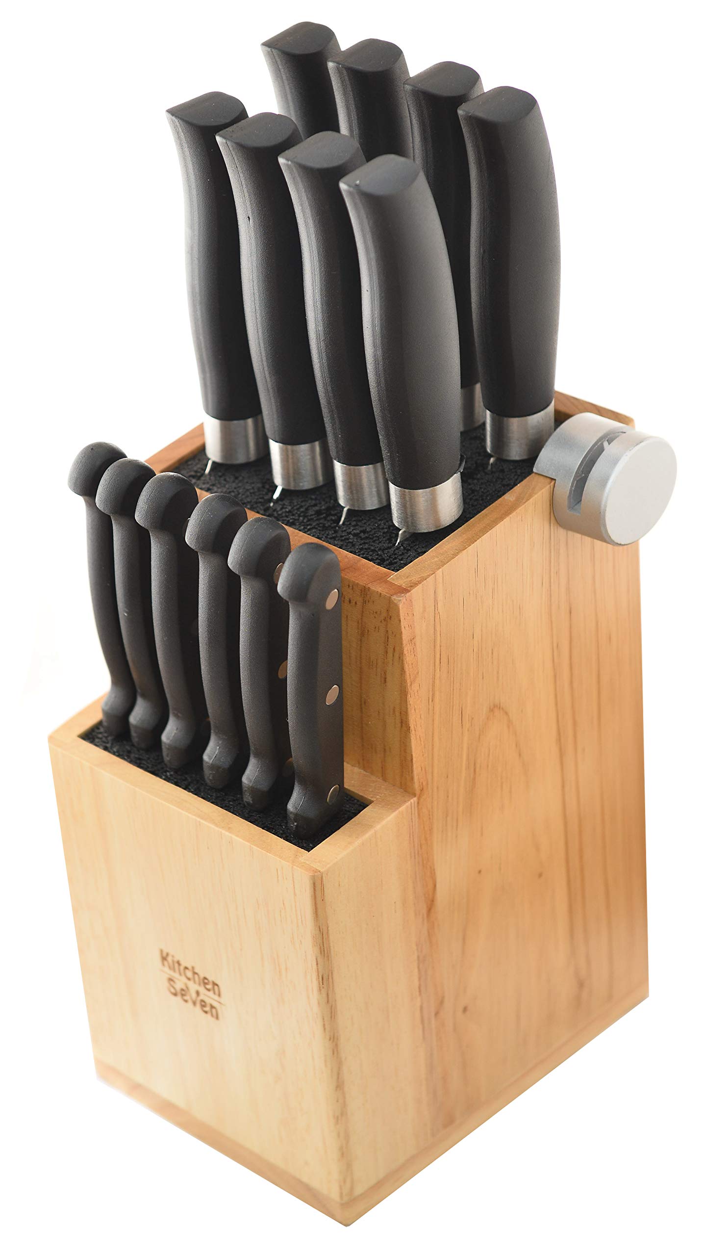 Premium Bamboo Universal Knife Block with 2 Built-In Sharpeners | 2-Tier Modern Knife Storage Holds 16 Knives | Easy-Clean Wooden Knife Organizer by Kitchen Seven | Perfect for Professional Chefs & Home Kitchens