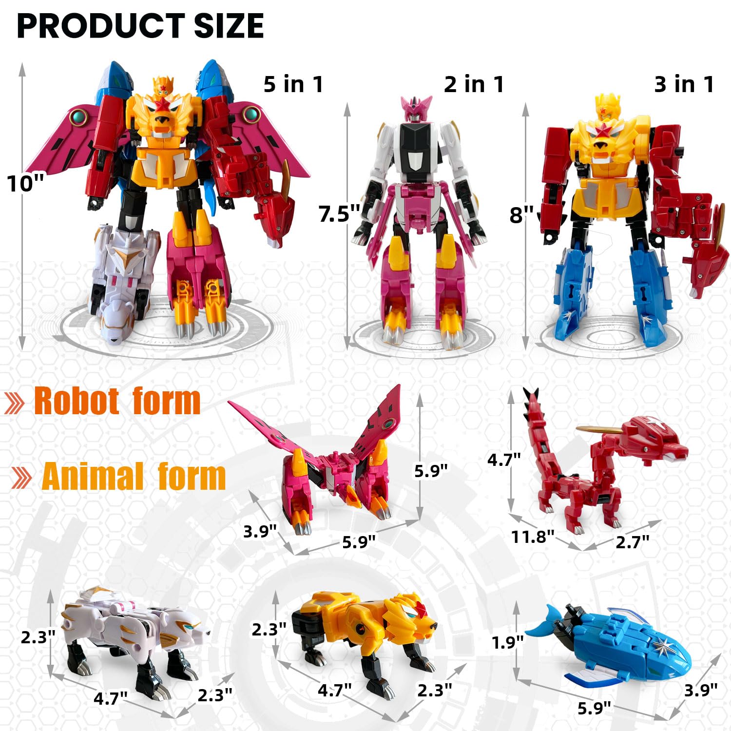 Wenbeier 5-in-1 Transformable Robot Toy Set - Large Animal Action Figures (Lion, Dragon, Whale, Phoenix, Bear) for Kids Ages 6-10 | STEM Learning Take-Apart Construction Toy | Perfect for Creative Play, Birthday Gifts & Collectibles (10 Inches)