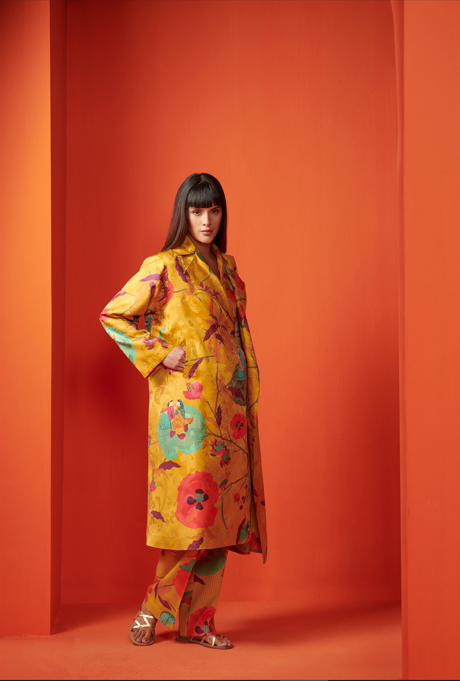 Luxury Long Coat Women's Silk Damask Mustard Yellow Outerwear - Elegant Fall & Winter Fashion for Parties, Weddings & Formal Events