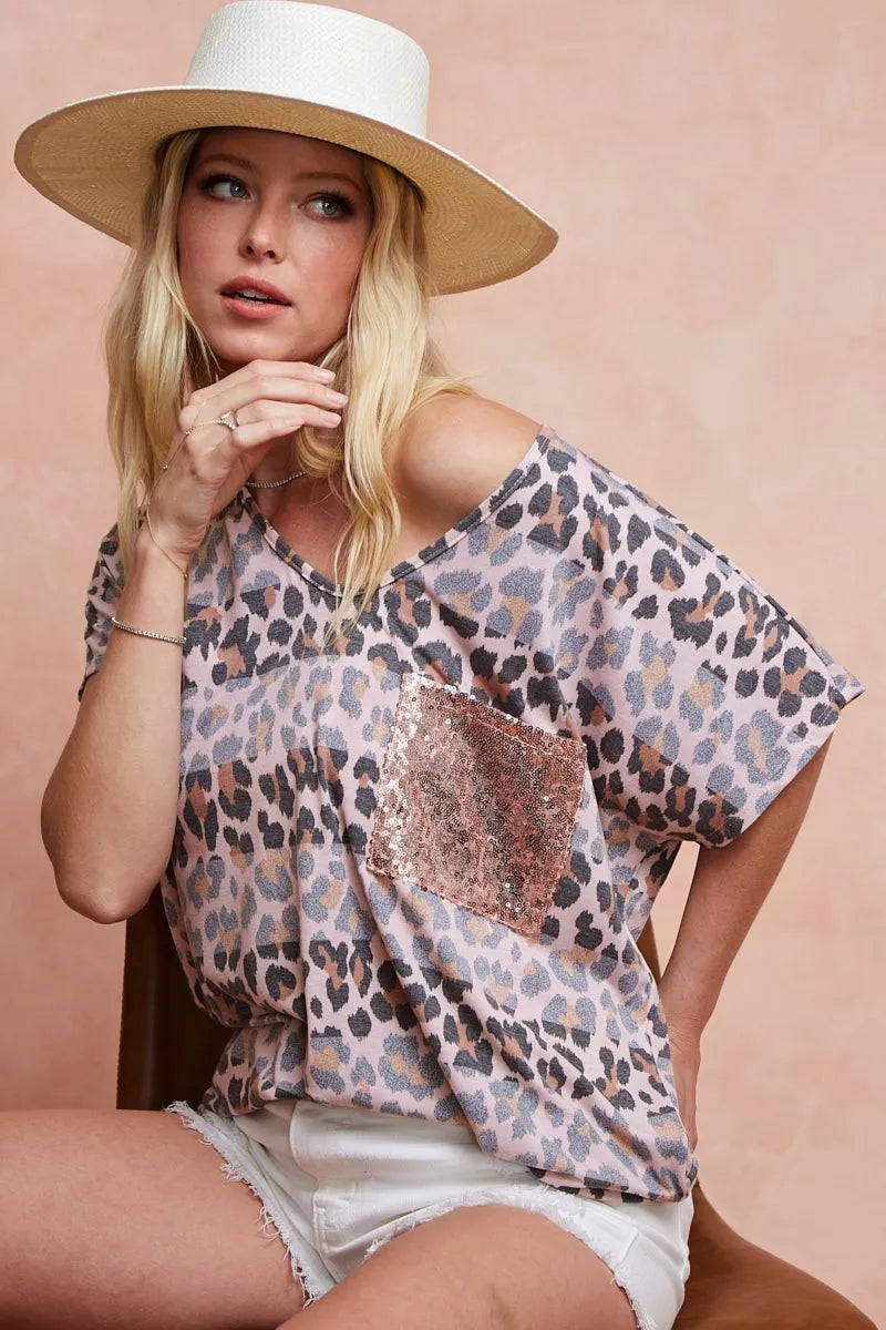 BiBi Leopard Stripe Printed Jersey T-Shirt for Women - Soft Cotton Casual Tee - Perfect for Streetwear, Lounge & Everyday Outfits