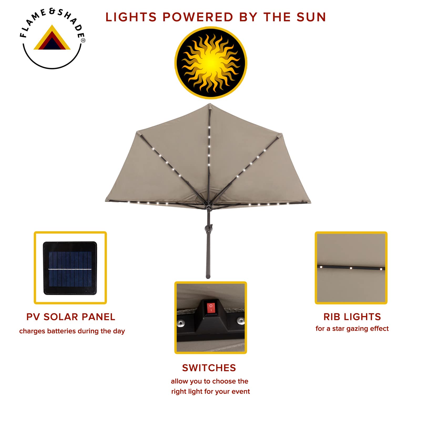 FLAME&SHADE 9 ft Solar Powered Half Round Patio Umbrella with LED Lights & Tilt - Waterproof Outdoor Market Umbrella for Balcony, Garden, Poolside (Taupe) | Perfect for Backyard, Restaurant, and Beach Use