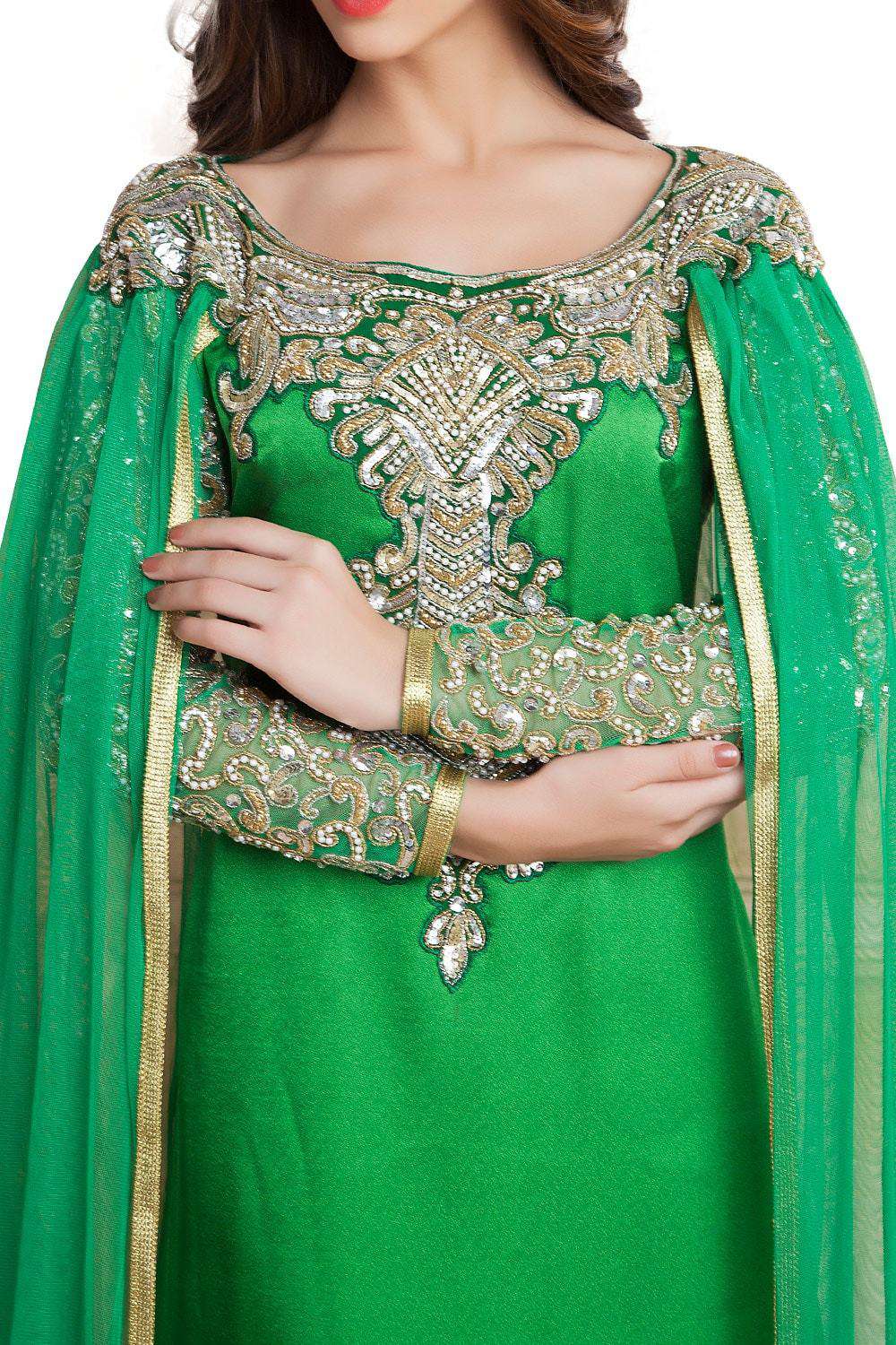 Elegant Green Handmade Arabic Long Sleeve Wedding Dress for Muslim Women - Perfect for Islamic Ceremonies, Eid Celebrations & Special Occasions