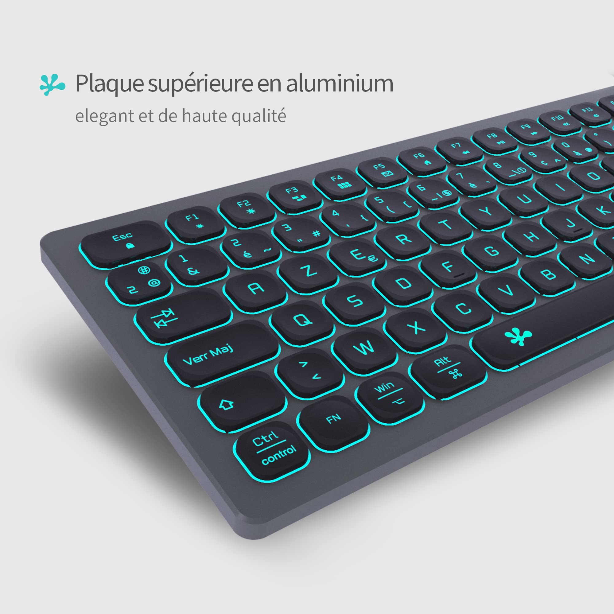 B.FRIENDIT Slim Wired Backlit Keyboard with Aluminum Case, Numeric Keypad & RGB Lighting - USB Mechanical Keyboard for iMac, MacBook, Windows PC (AZERTY Layout, Grey) - Perfect for Gaming, Office Work & Typing