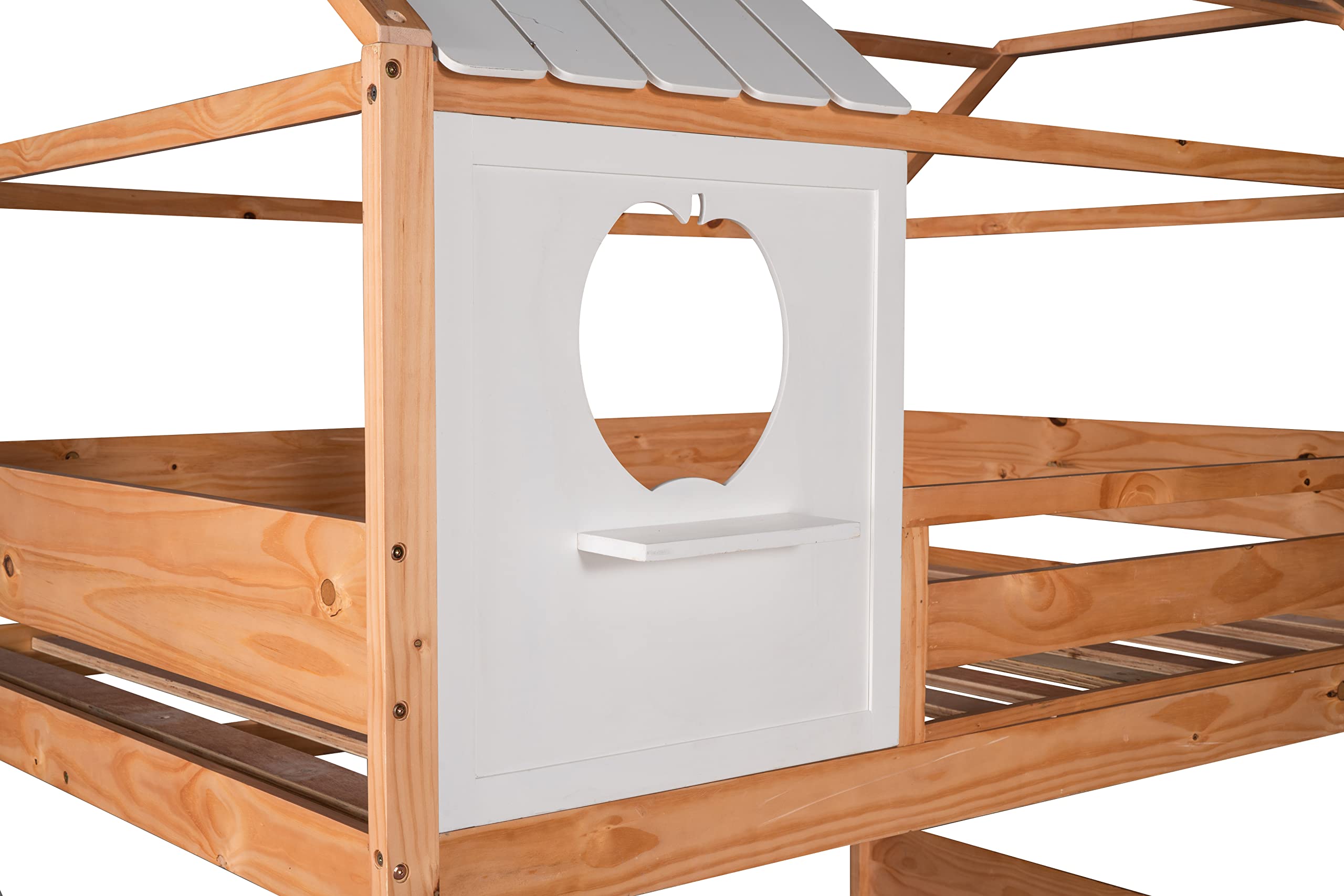 Full Over Full Size Solid Wood Bunk Bed with Window/Roof Design, Built-in Little Shelf & Full-Length Guardrail - Low Profile Frame, No Box Spring Needed - Perfect for Kids' Bedrooms, Guest Rooms & Small Spaces